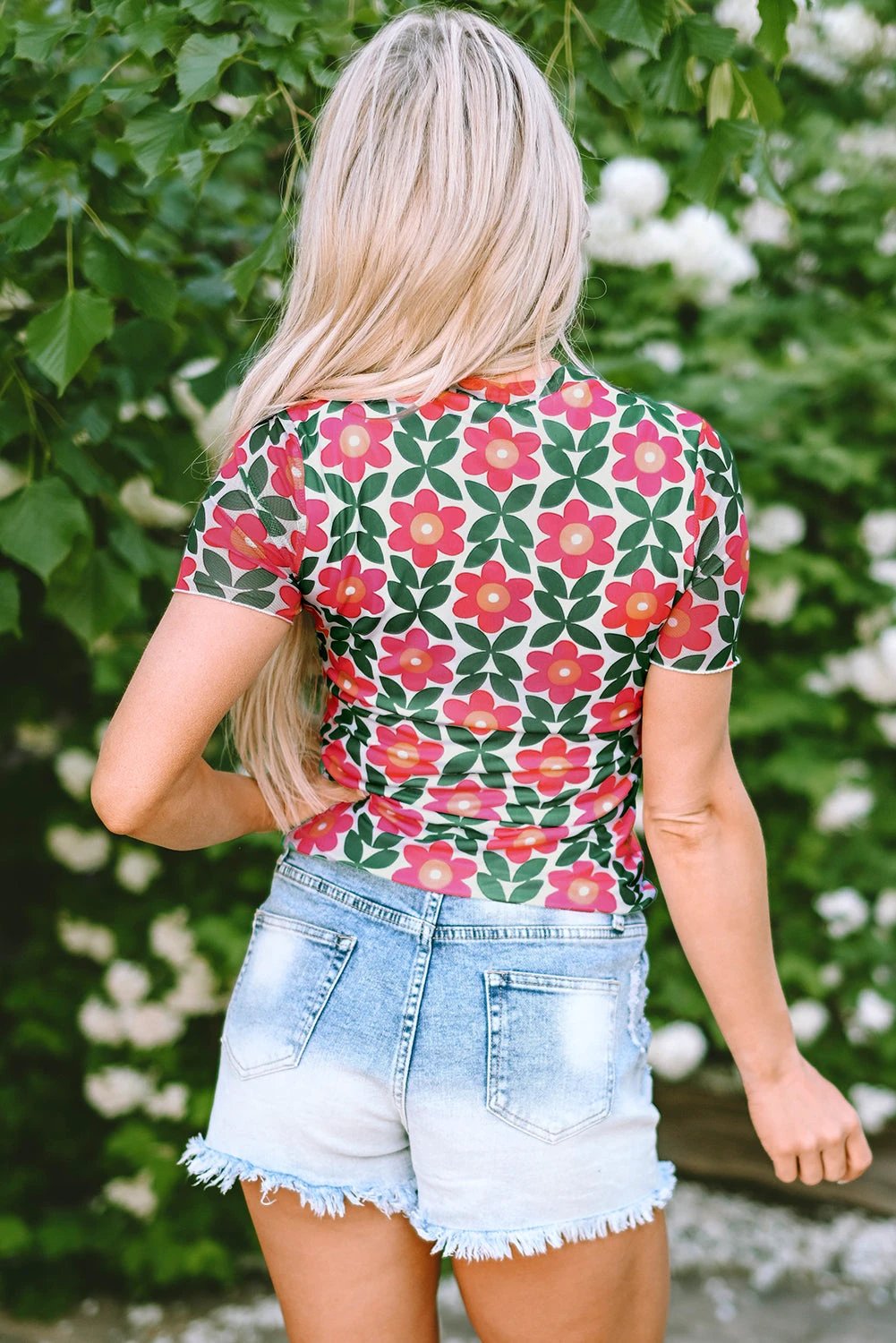 fiery red retro floral print crew neck t shirt for women casual everyday outfit