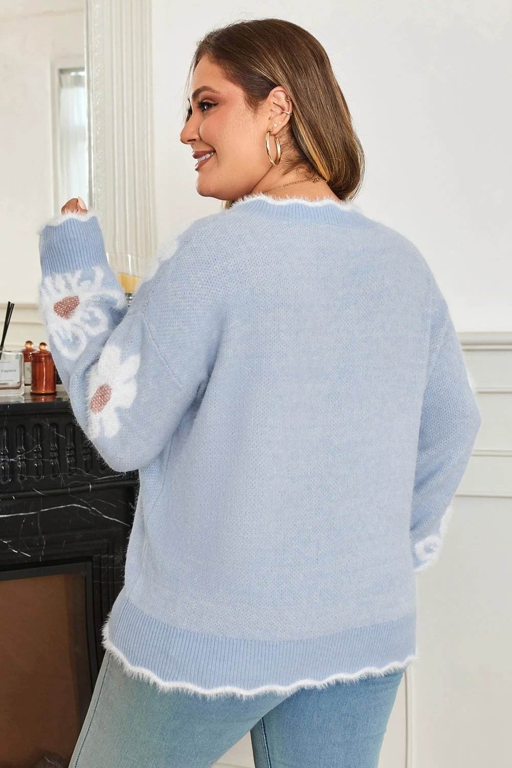 gray fuzzy flower scalloped v neck plus sweater for women casual everyday outfit