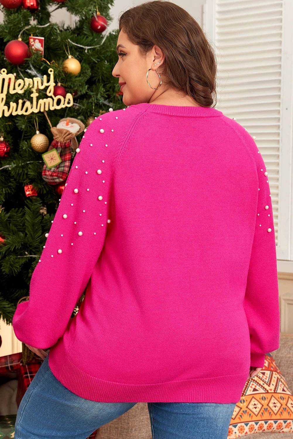 Plus size strawberry pink Cozy Confidence raglan sleeve knit sweater with pearl decor on sleeves