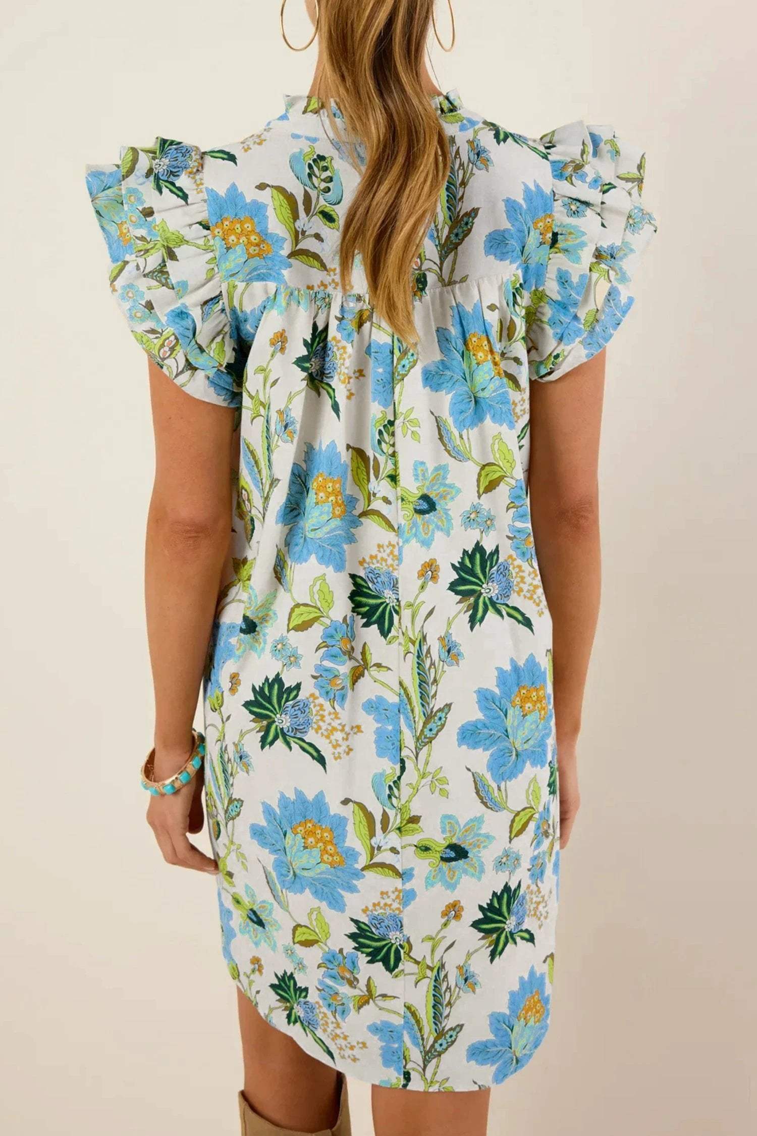 beige floral print v neck triple ruffle short sleeve shift mini dress for women casual everyday outfit