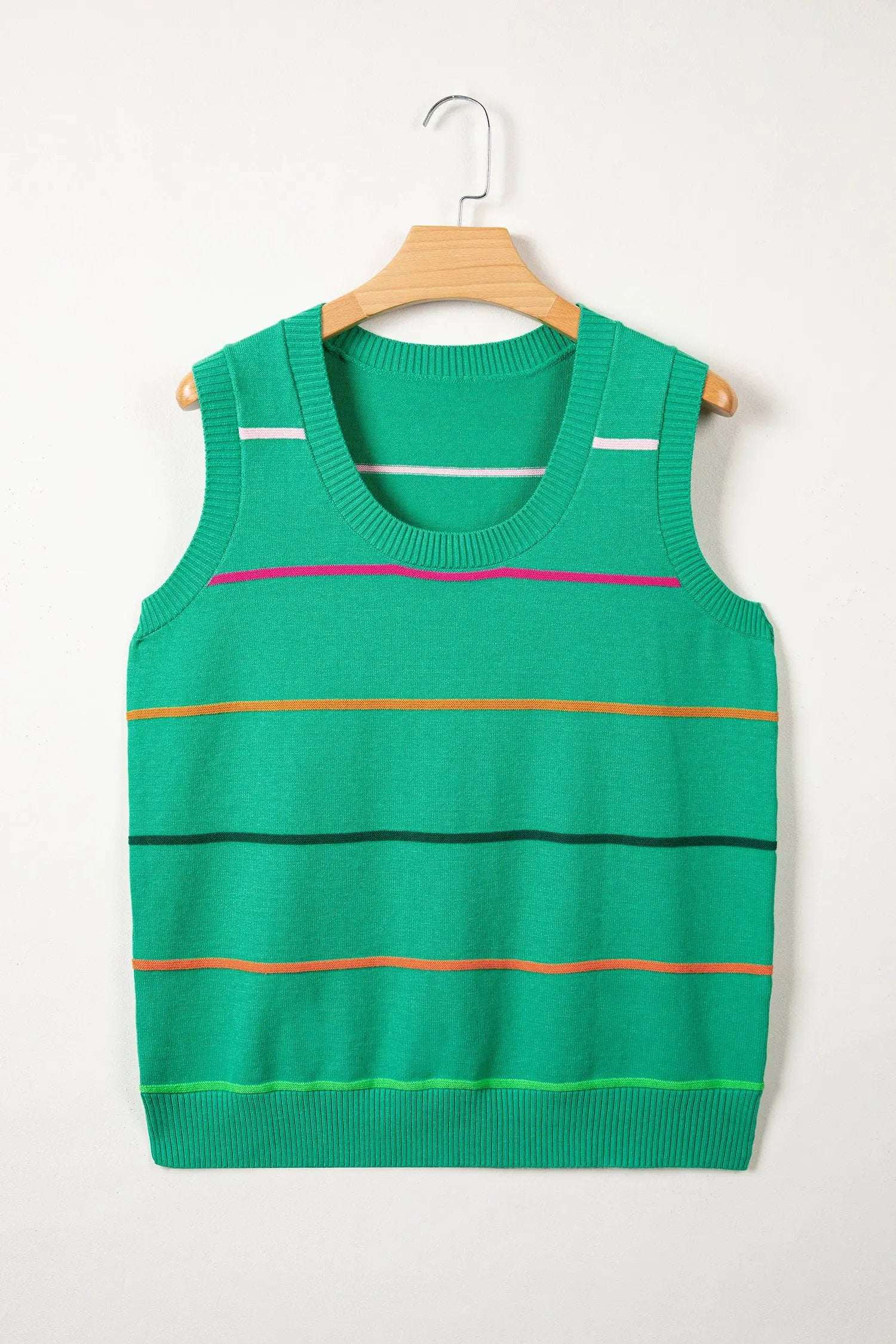 Woman wearing a cozy stripe round-neck knit sleeveless tank top
