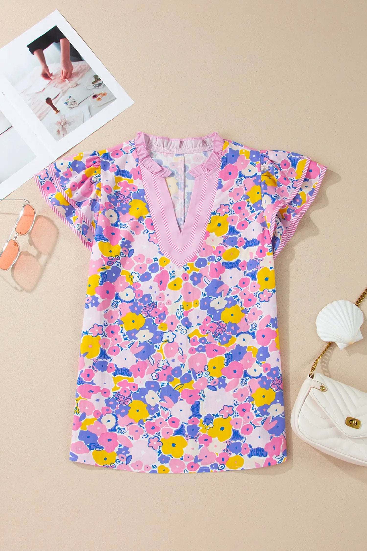 Floral print striped color block V-neck blouse with flutter sleeves and patchwork design