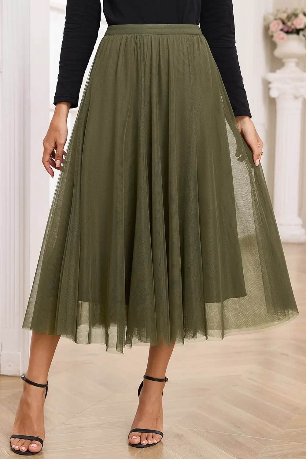 Dear-Lover Dropshipping Apricot Tulle Mesh Overlay Flared Midi Skirt - Skirts Bottoms/Skirts & Petticoat