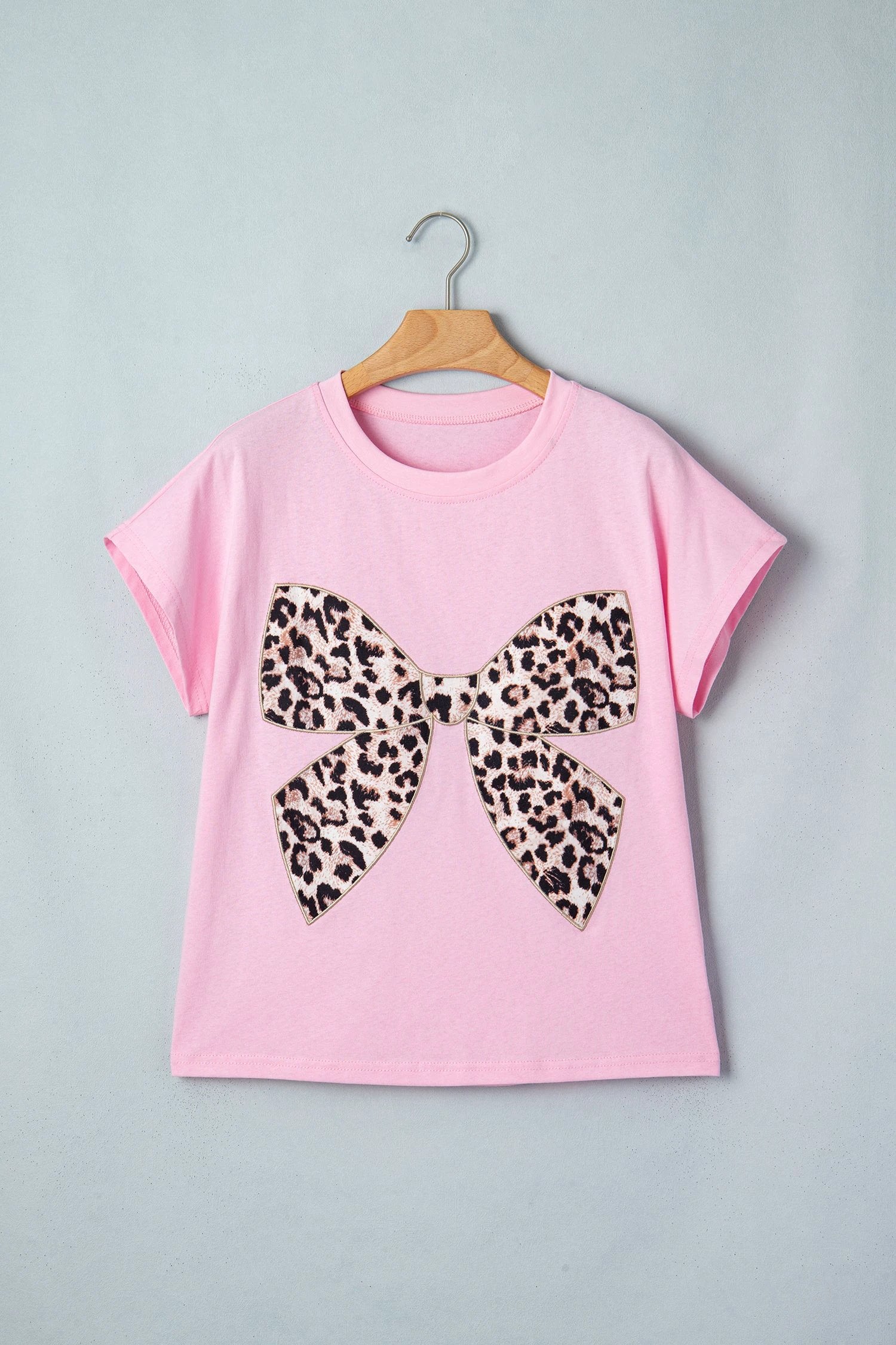 white leopard bow embroidered cotton round neck t shirt for women casual everyday outfit