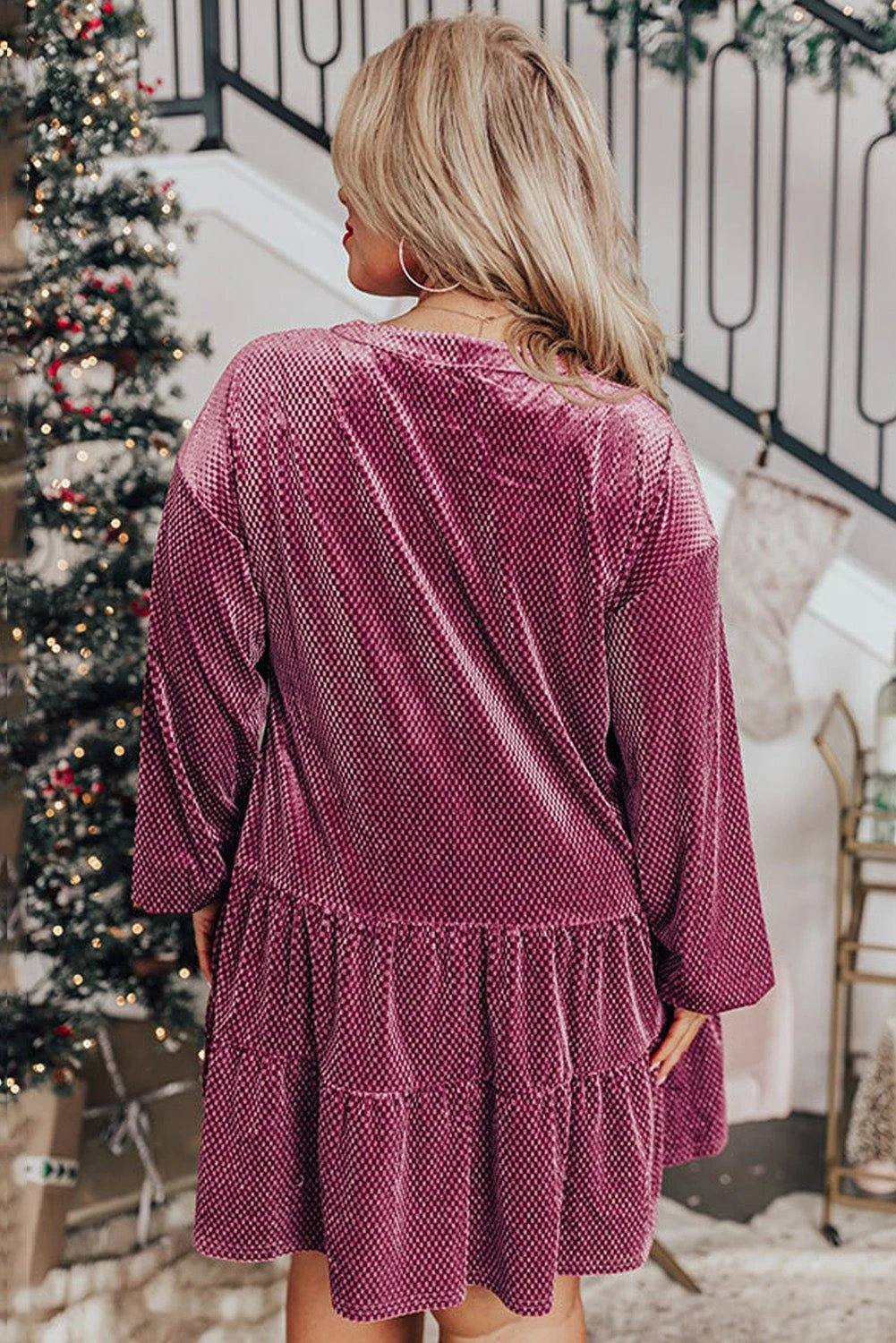 Plus size textured velvet tiered dress in meadow mauve with button details and relaxed A-line fit