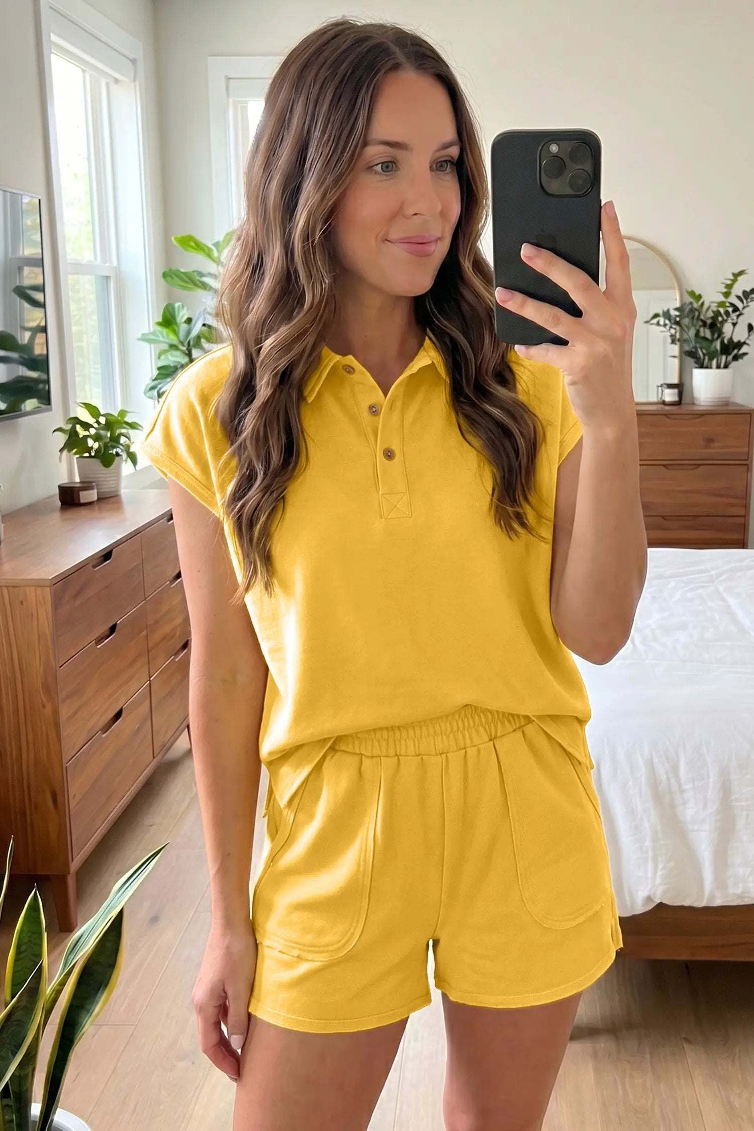 Loose Polo Tee Short Set with elastic waist shorts vacation outfit