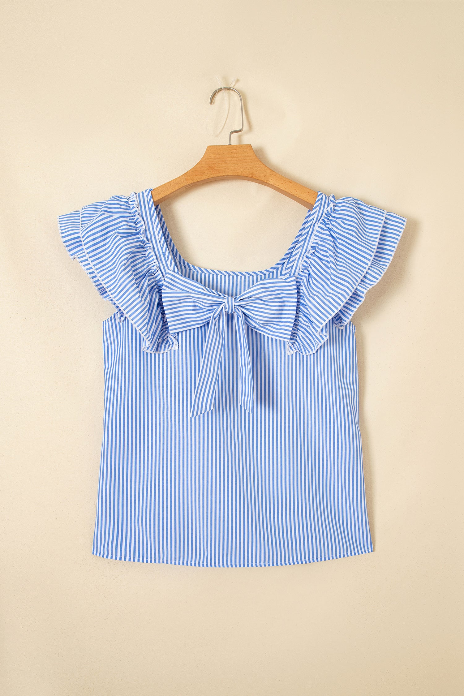 Stripe Square Neck Bow Decor Frilly Ruffled Short Sleeve Blouse