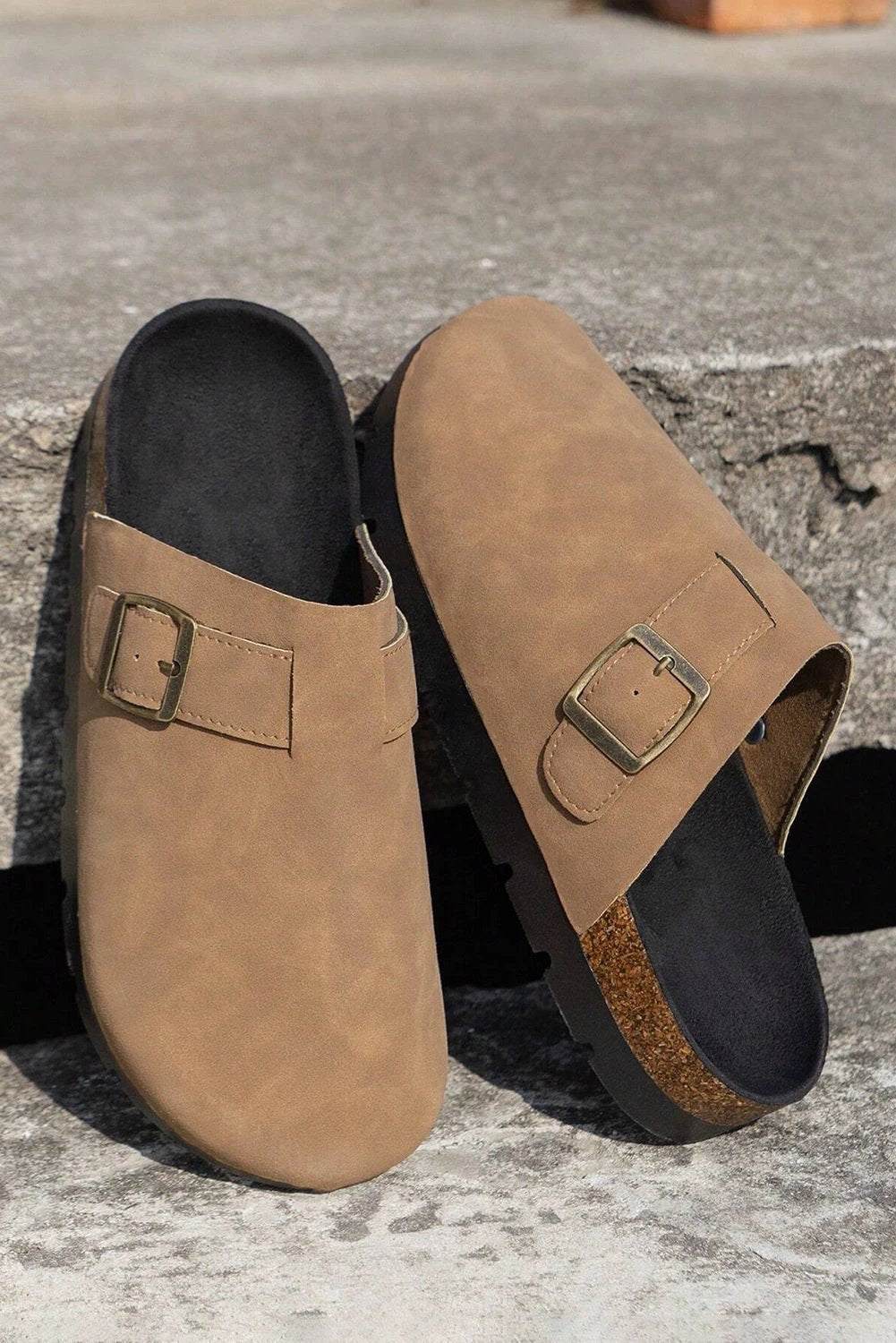 Beige suede buckle detail slippers for women casual everyday outfit