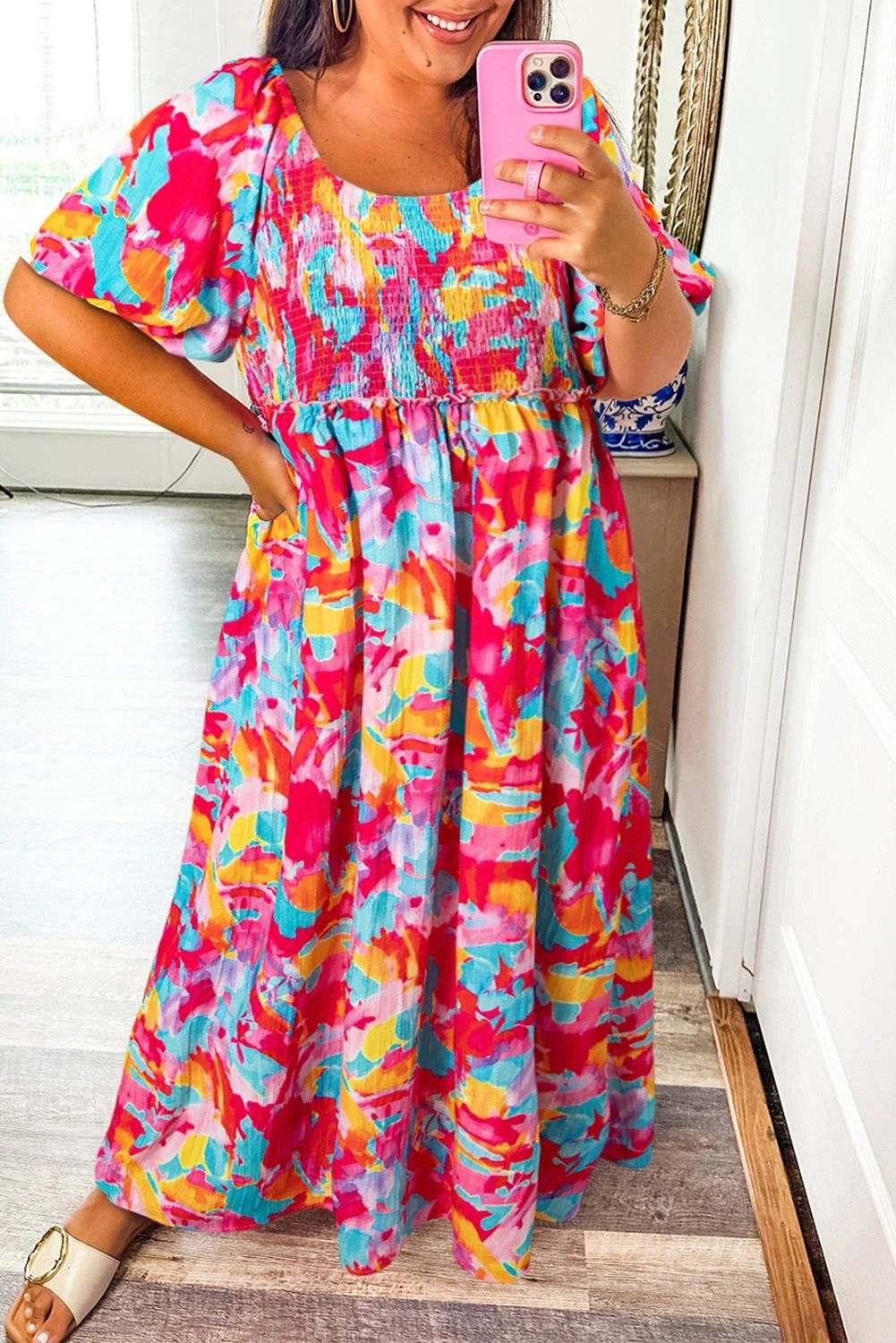rose abstract printed puff sleeve square neck smocked bust tied back plus size dress for women casual everyday outfit