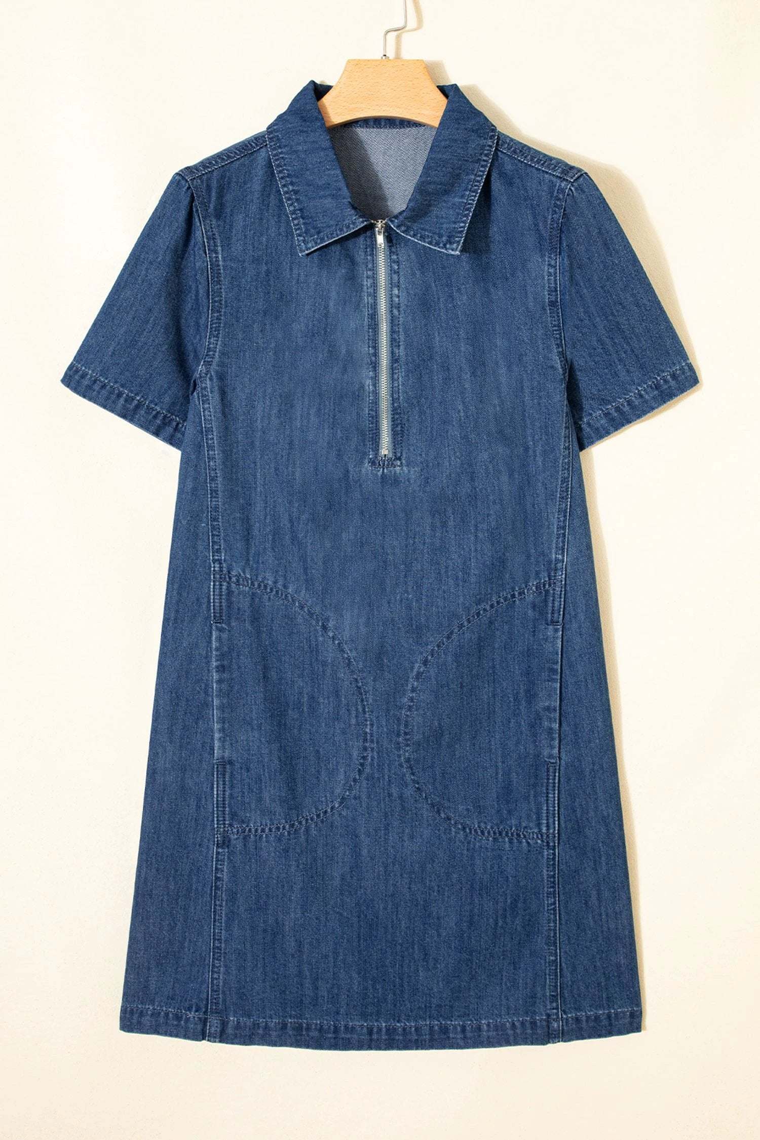 Mom Chic denim zip-front collared mini dress with short sleeves and A-line fit