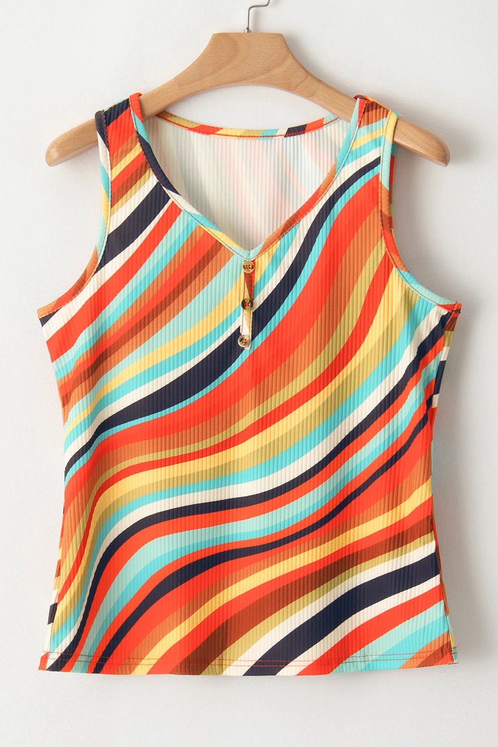 multicolour wavy striped buttoned v neck tank top for women casual everyday outfit