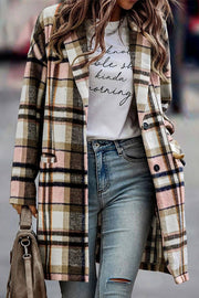 Plaid button-up lapel jacket for cozy mom confidence in relaxed longline fit