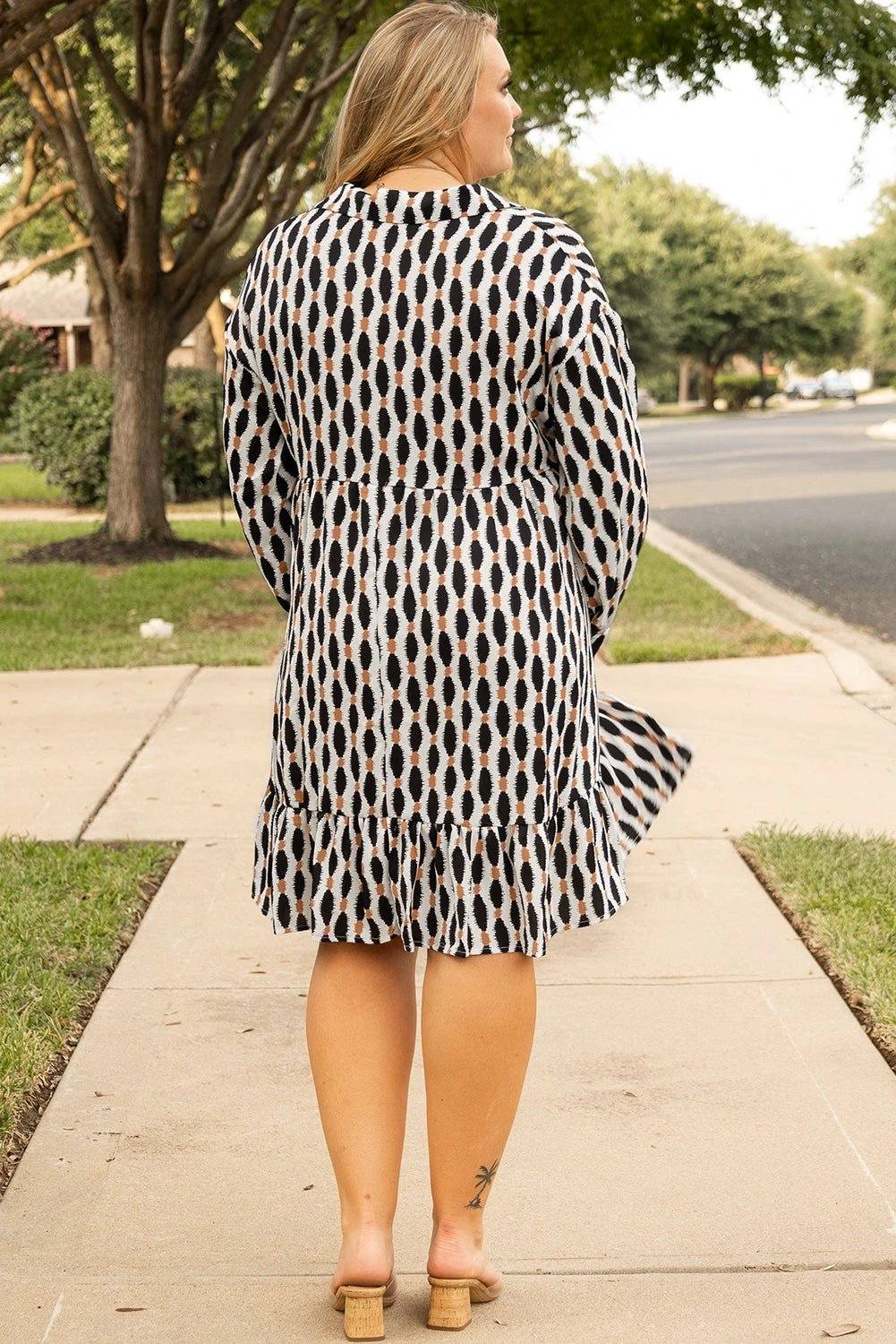 Plus size geometric print collared V-neck mini dress with main character energy