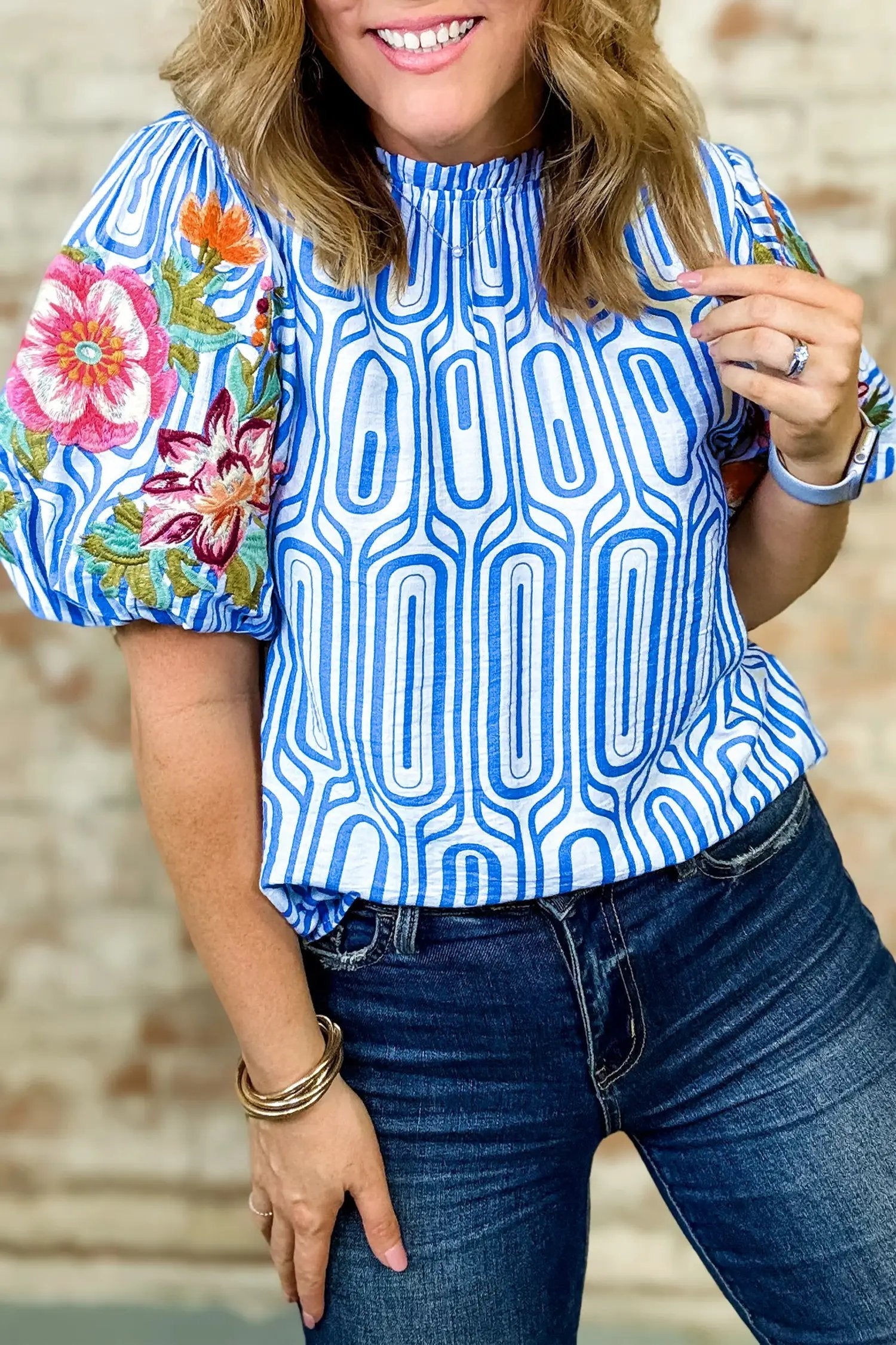 Sky blue geometry print floral embroidered puff sleeve blouse with soft feminine silhouette and ruffled neckline