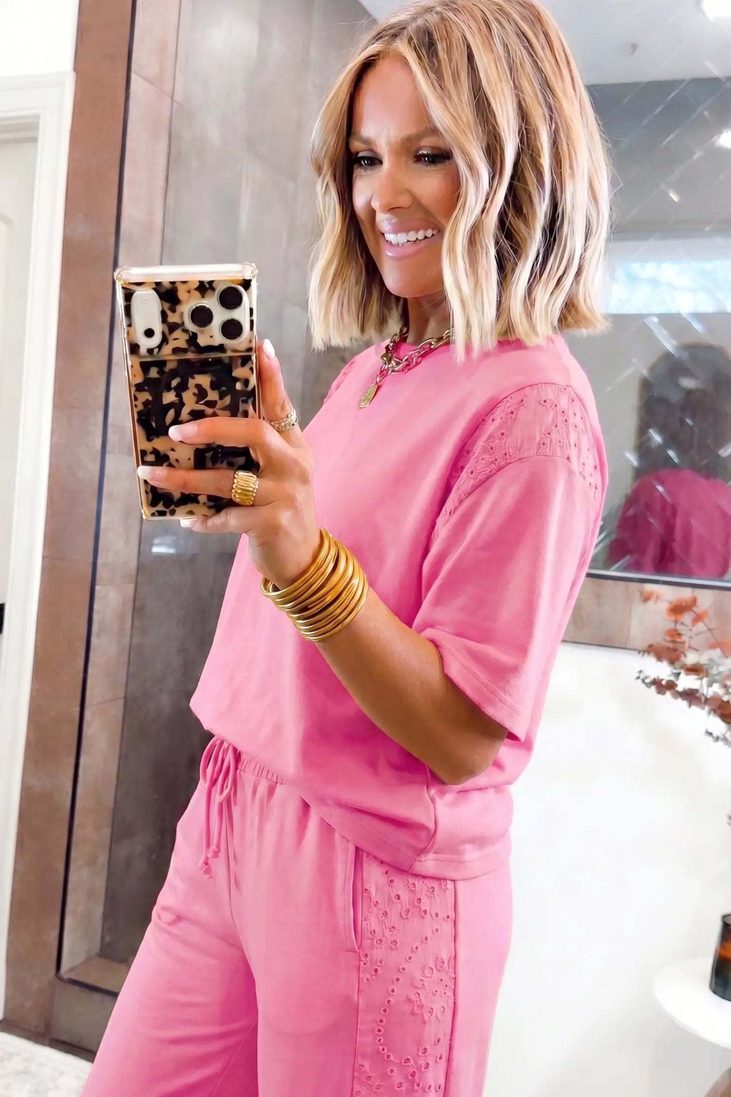 Two-Piece Lace Outfit Set with patchwork top and elastic-waist pants