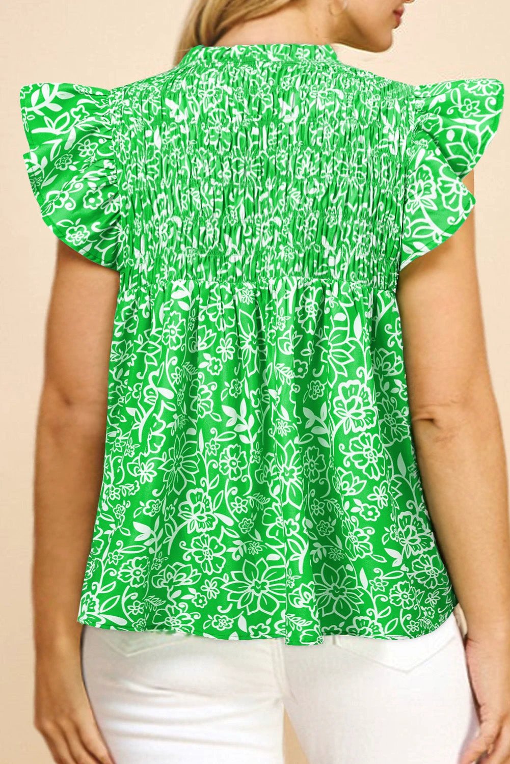 Dear-Lover Dropshipping Green Floral Flutter Sleeve Shirred Notched Neck Plus Size Blouse - Plus Size/Plus Size Tops/Plus Size Blouses & Shirts
