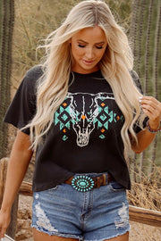 Turquoise Aztec Bull Skull Graphic Tee