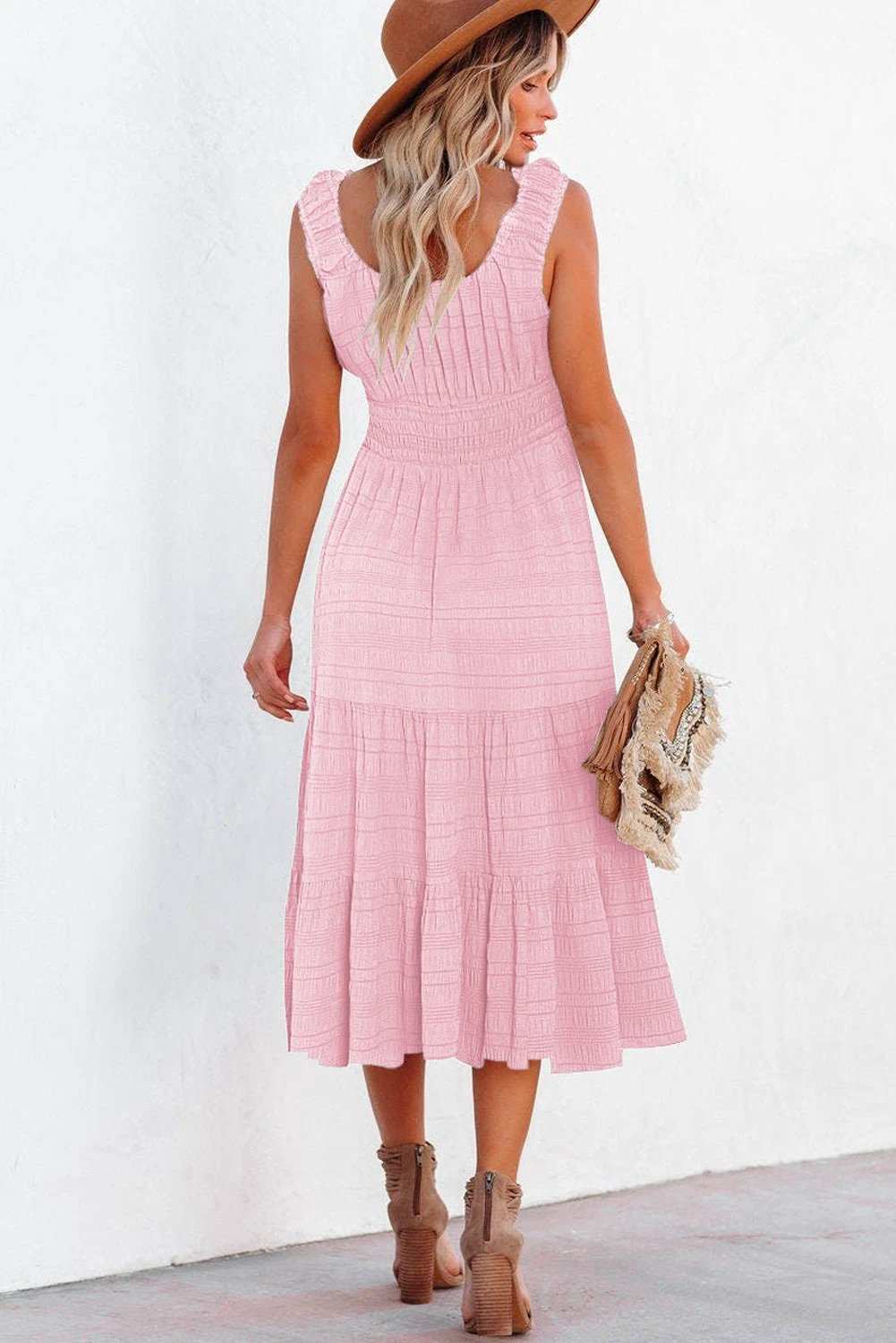 Sleeveless Midi Dress with shirred pleated square-neck bodice and tiered skirt