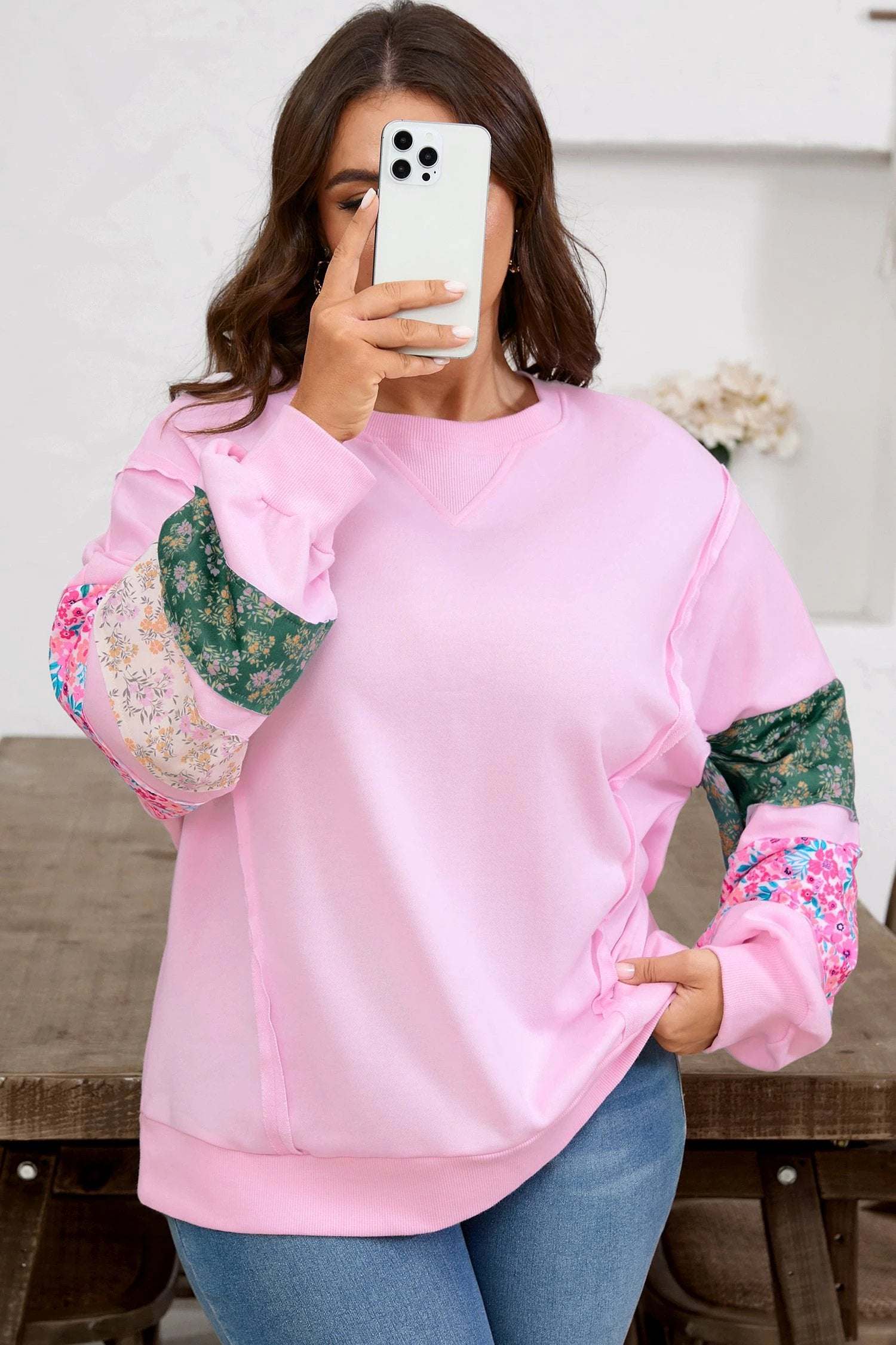 Plus size floral patched sleeve ribbed trim sweatshirt cozy fit