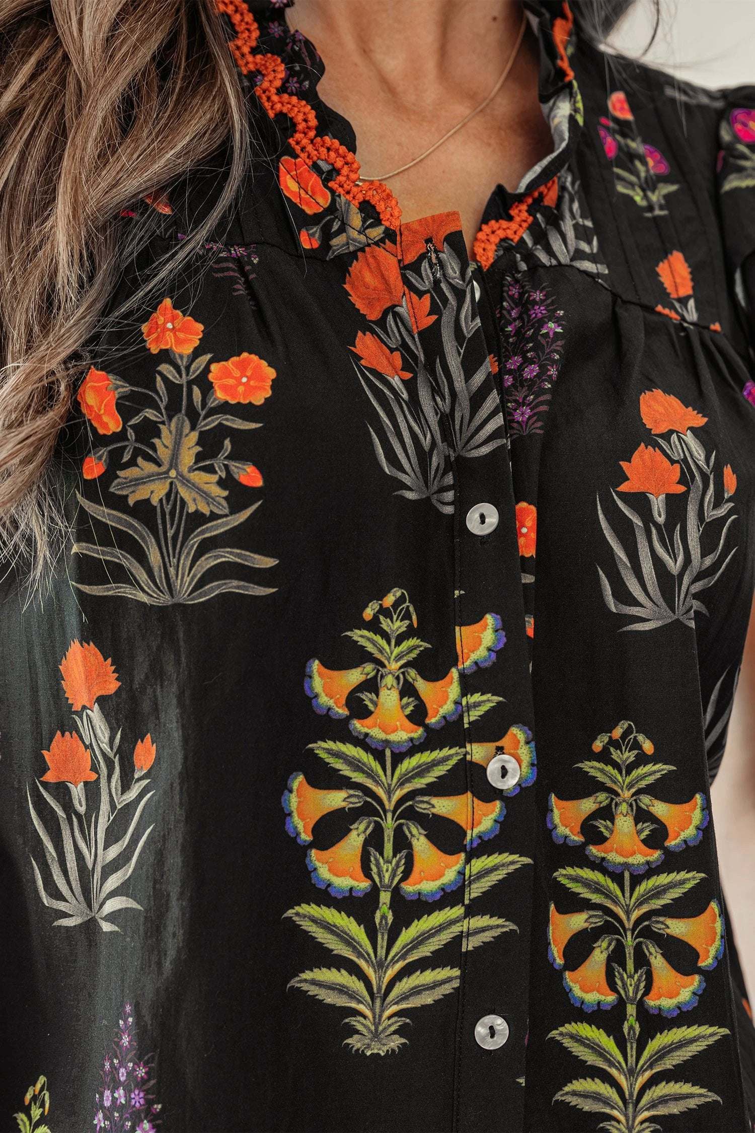 black floral print lace trim frilled v neck short sleeve shirt for women casual everyday outfit