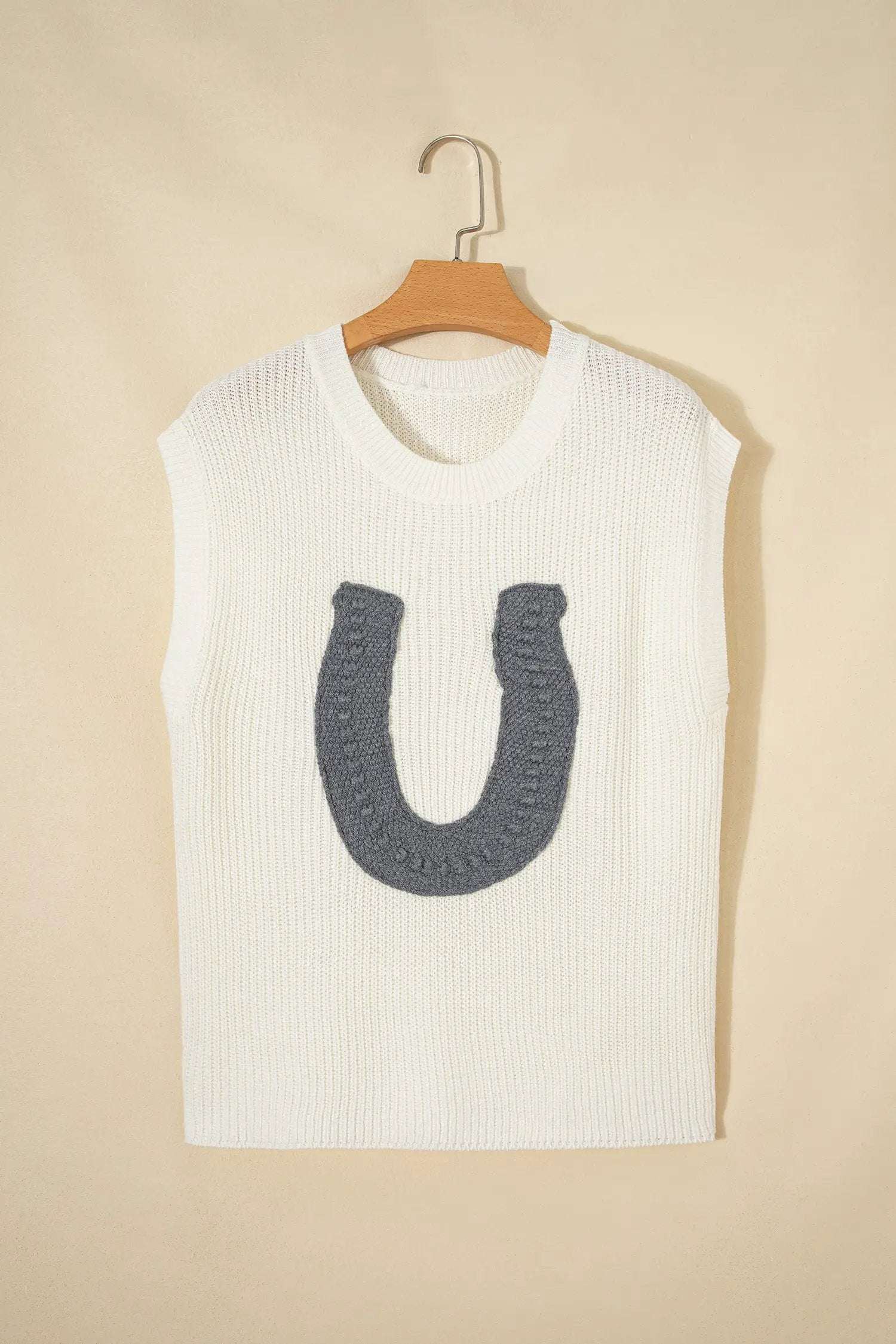 Turquoise Cowgirl Chic crochet horseshoe short sleeve knit sweater with grey applique