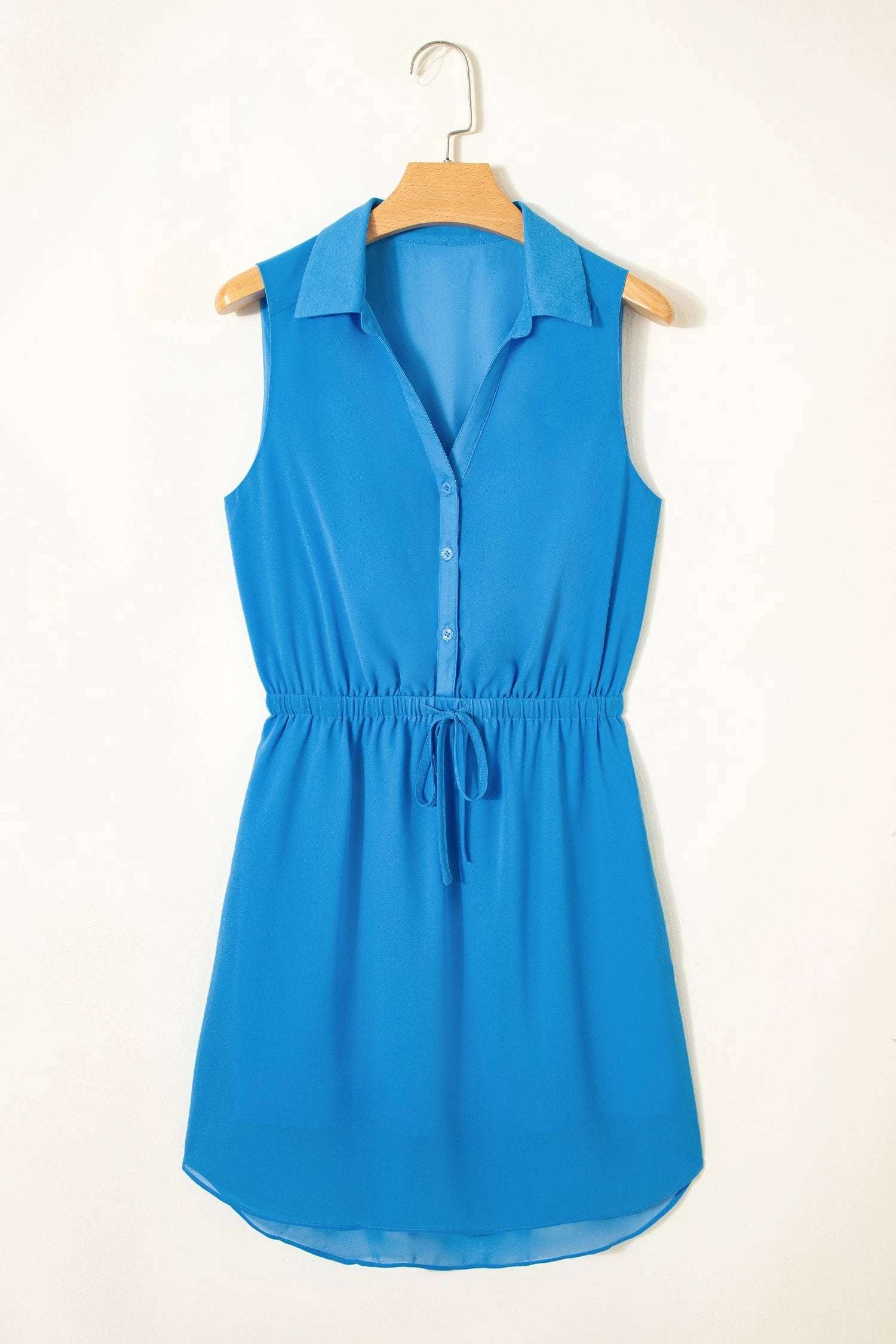 blue half buttons collared elastic waist sleeveless shirt dress for women casual everyday outfit