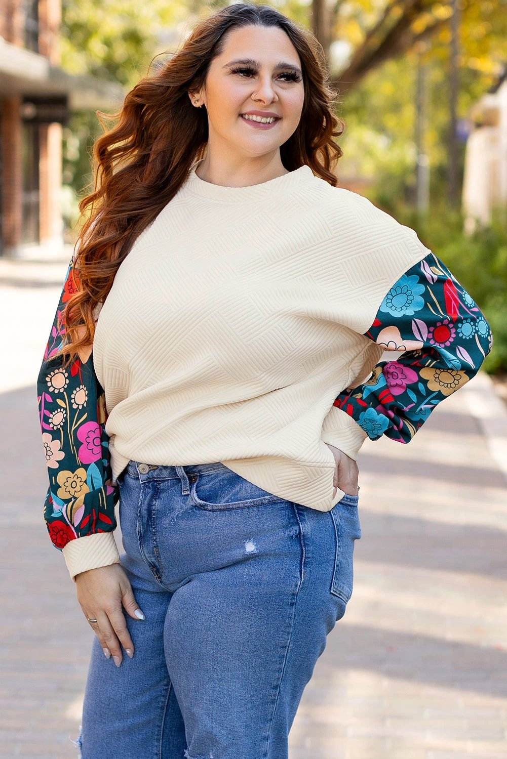 Dear-Lover Dropshipping White Floral Patchwork Sleeve Textured Plus Size Pullover Top - Plus Size/Plus Size Tops/Plus Size Long Sleeve Tops