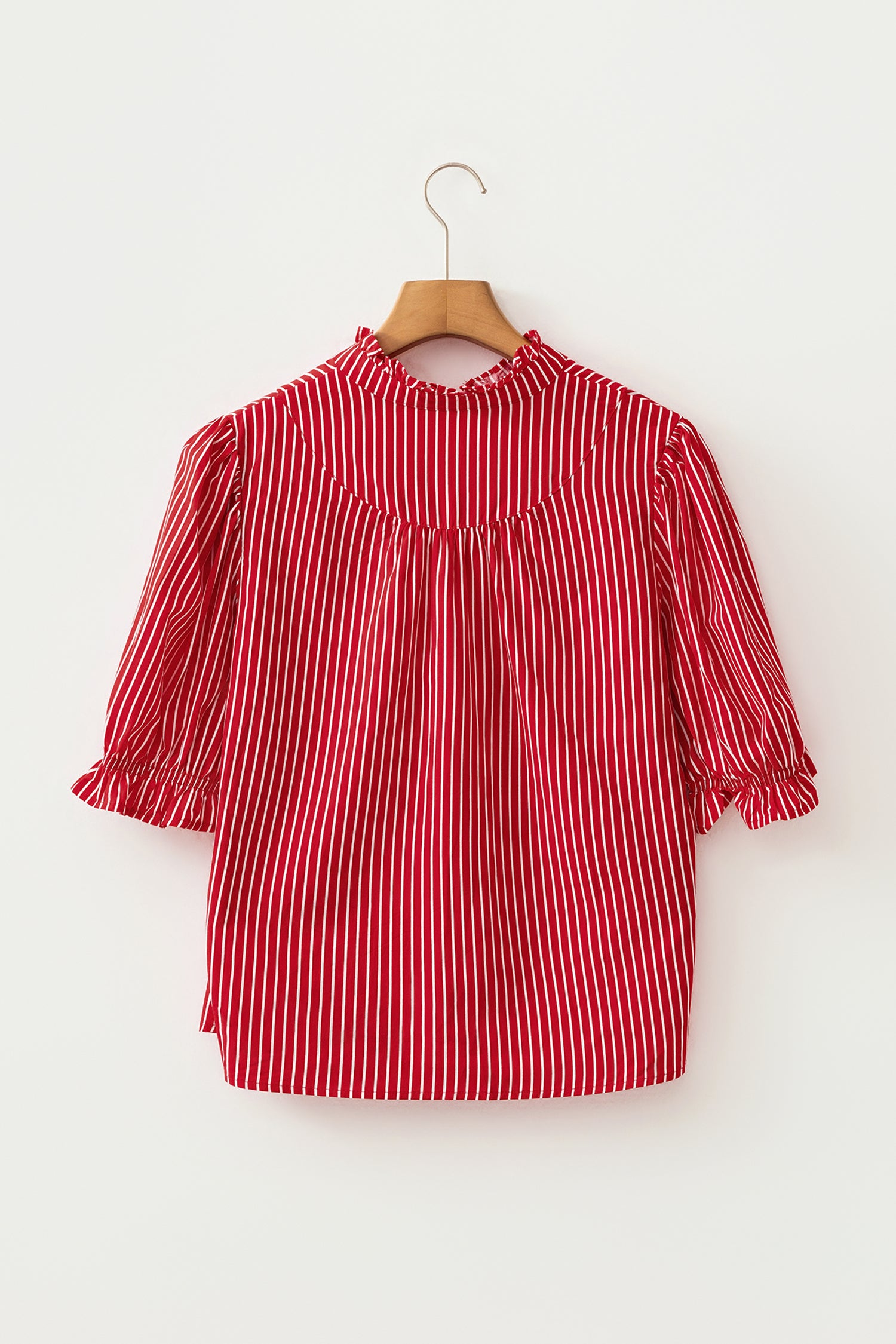 Stripe Ruffled Short Puff Sleeve Button Front Blouse — women's everyday bottoms | J&H Apparel
