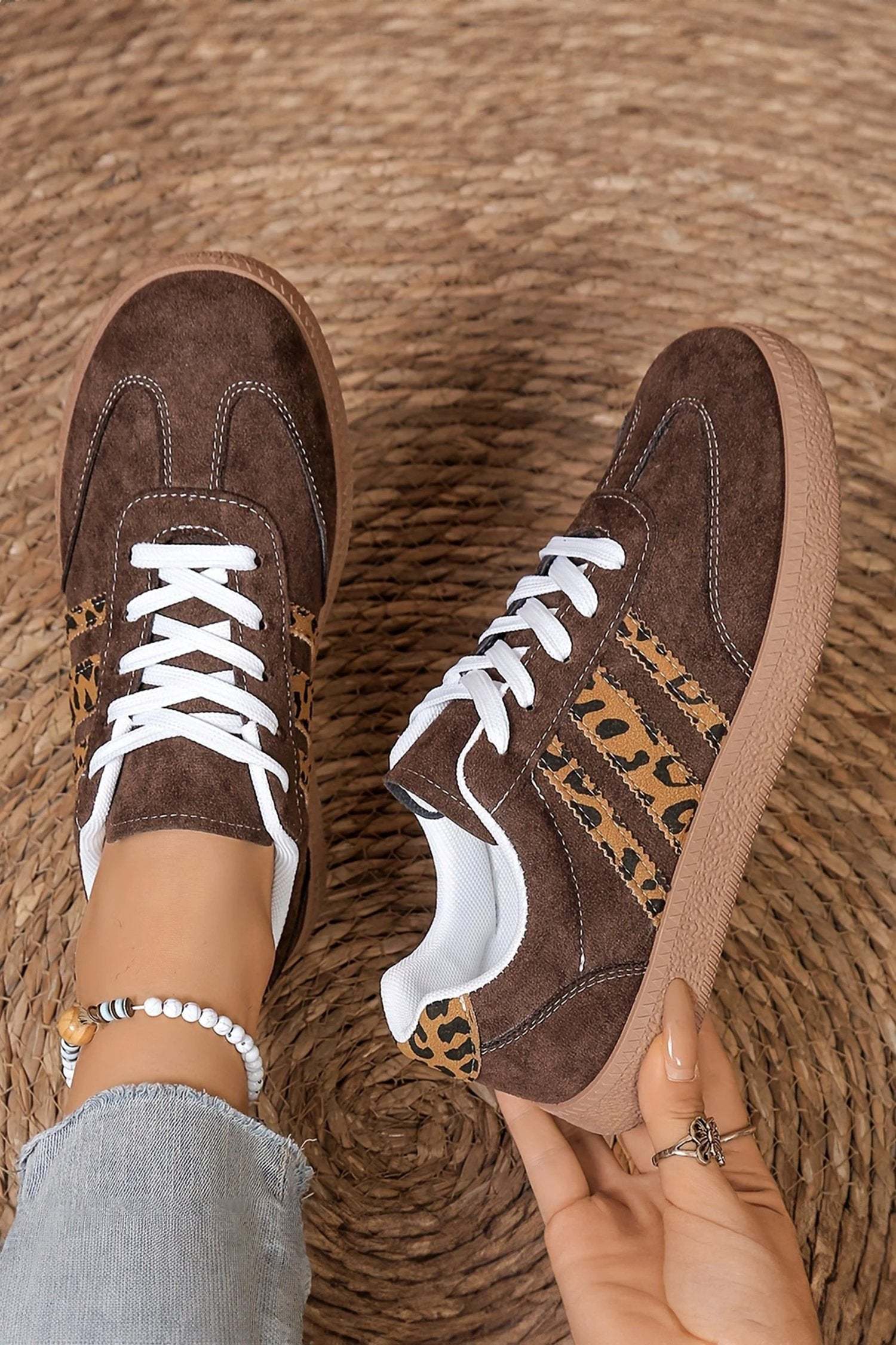 Mom Chic sneakers with leopard patch detail on faux suede lace-up upper and tan gum outsole