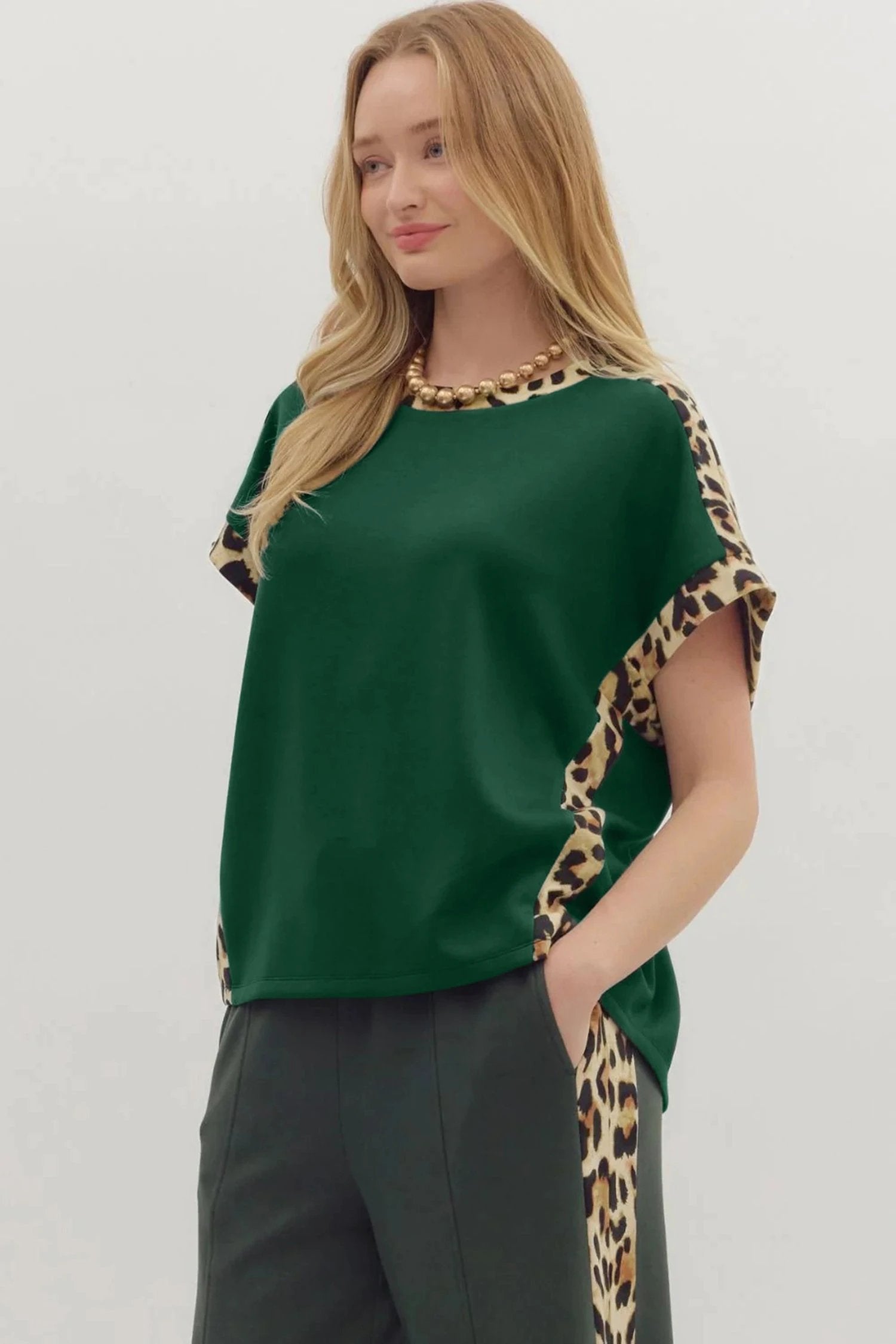 Leopard Trim Sea Green Tee