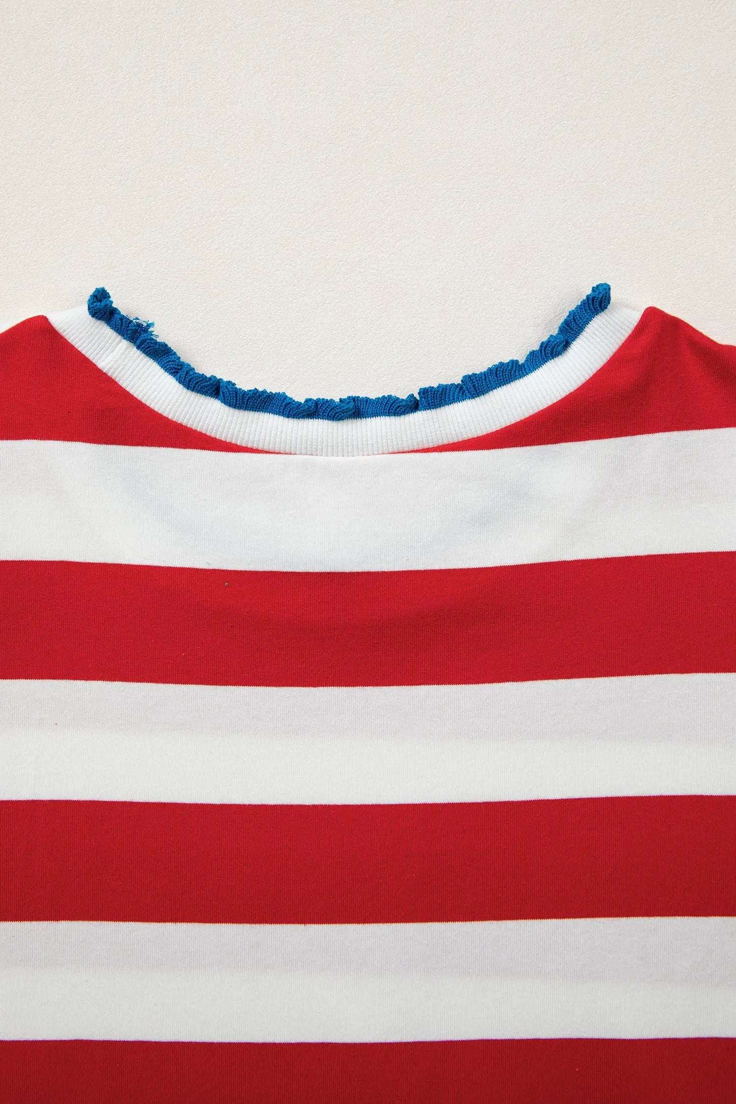 Dear-Lover Dropshipping Blue Stripe Contrast Trim Round Neck Short Puff Sleeve Shift Mini Dress - Dresses Dresses/Mini Dresses