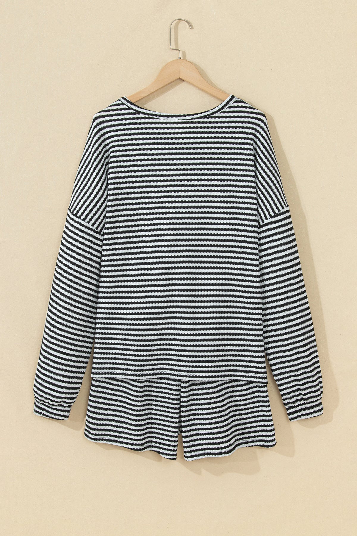 Brown Stripe Textured Knit Long Sleeve Top Elastic Waist Shorts Casual Outfit