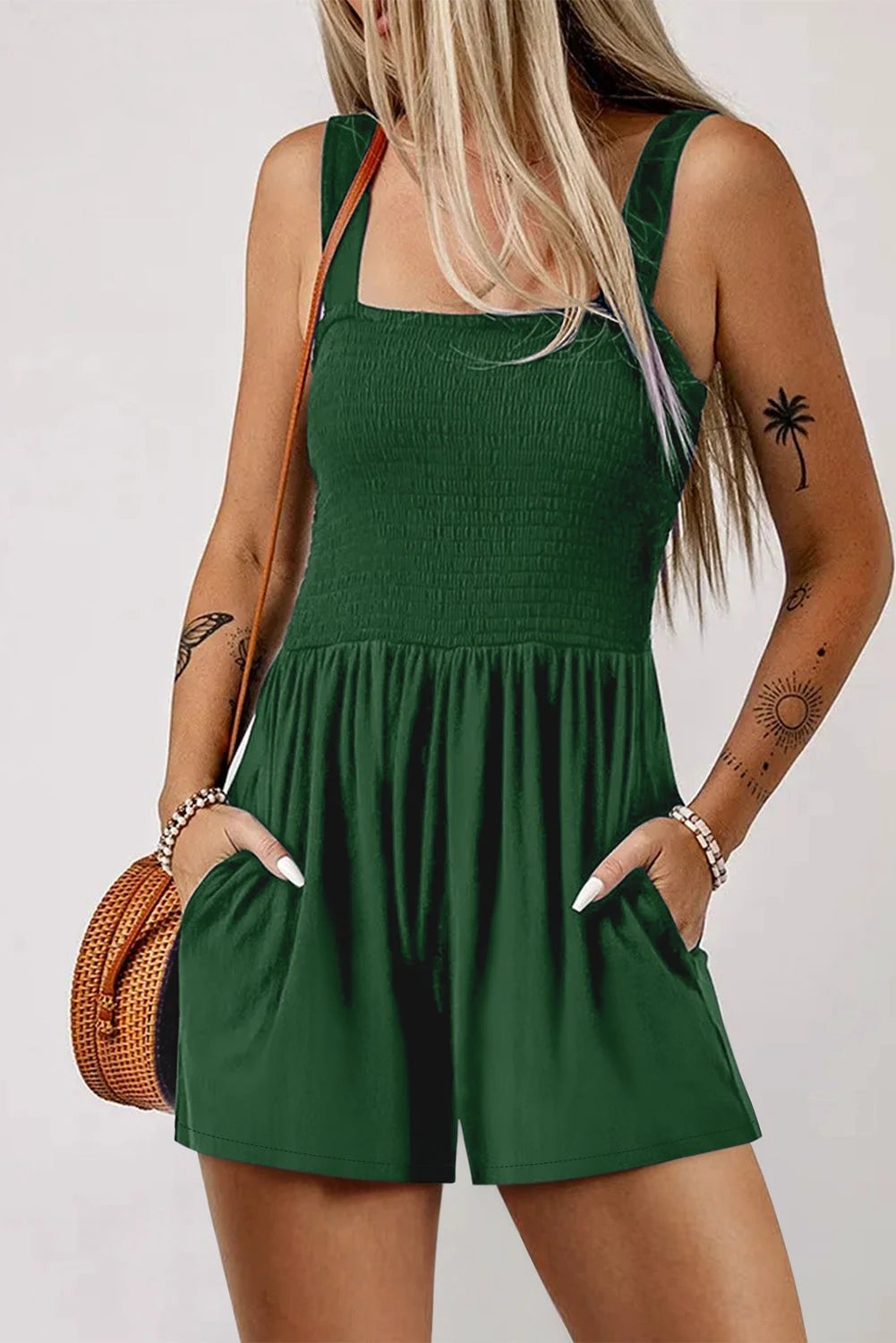 green casual pocketed smocked sleeveless romper for women casual everyday outfit