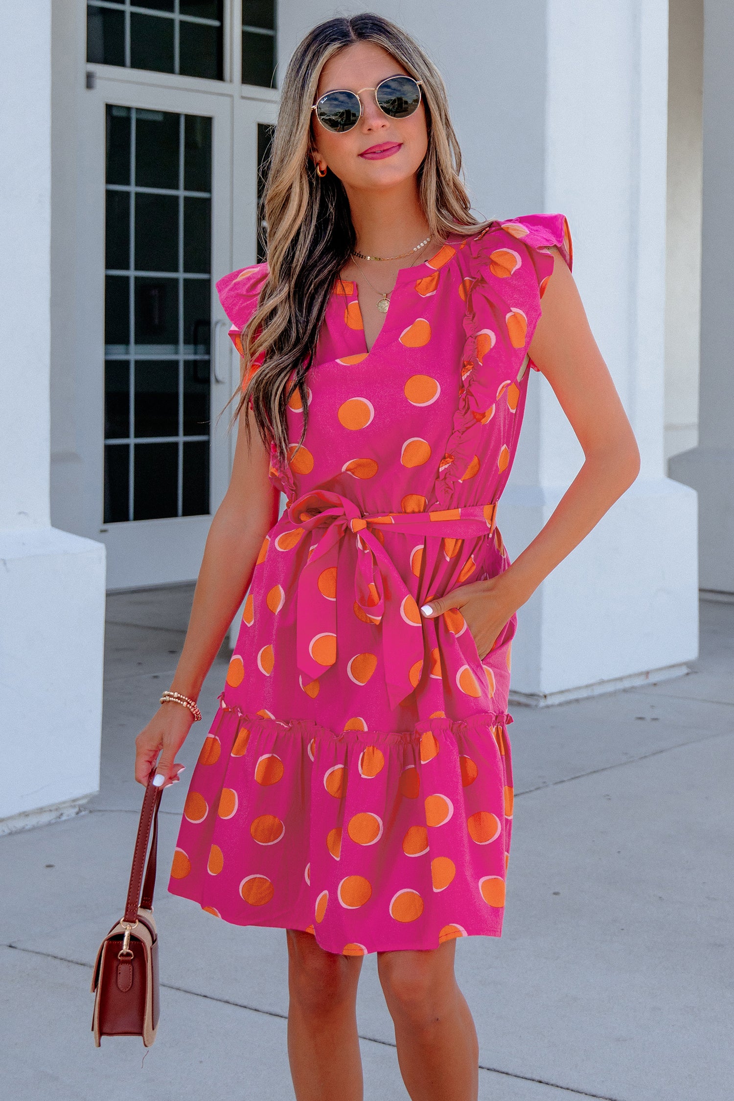 Double Polka Dot V-Neck Ruffled Short Sleeve Dress — everyday dress for women | J&H Apparel
