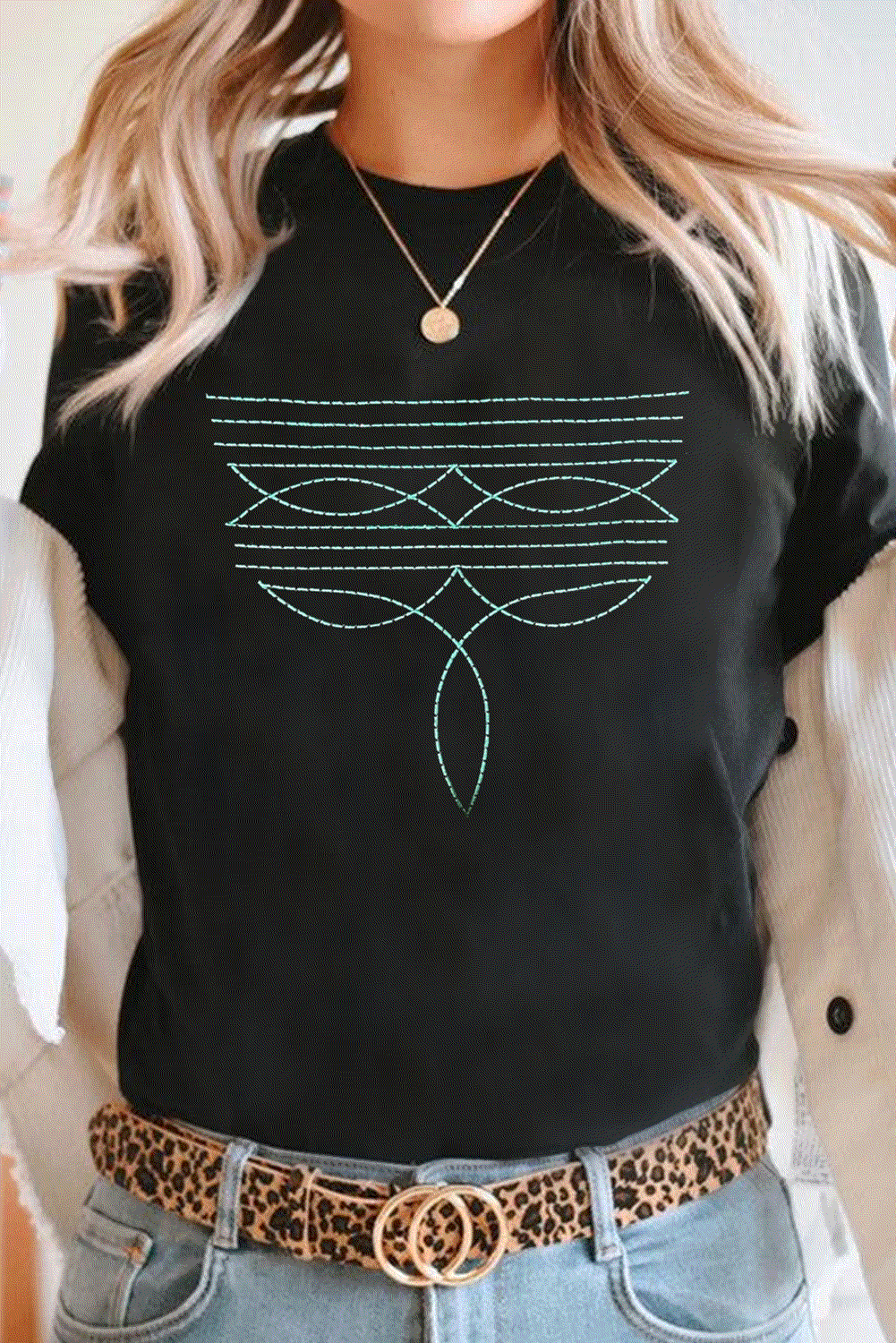 black western fashion geometric embroidered t shirt for women casual everyday outfit
