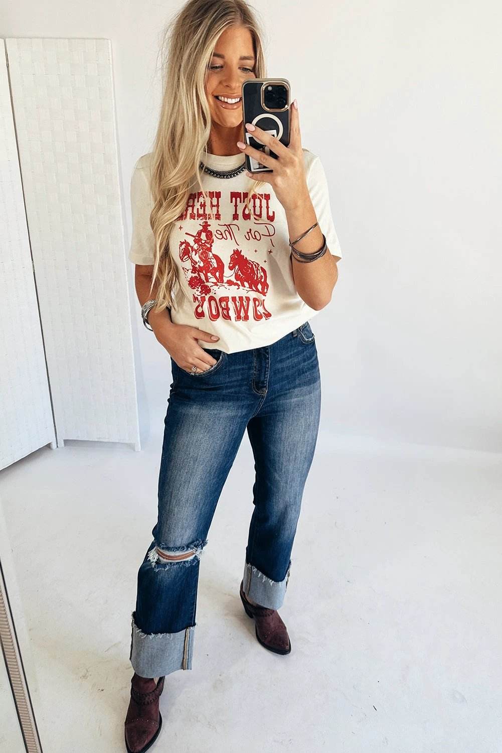  western graphic tee – “just here for the cowboy” for women casual everyday outfit
