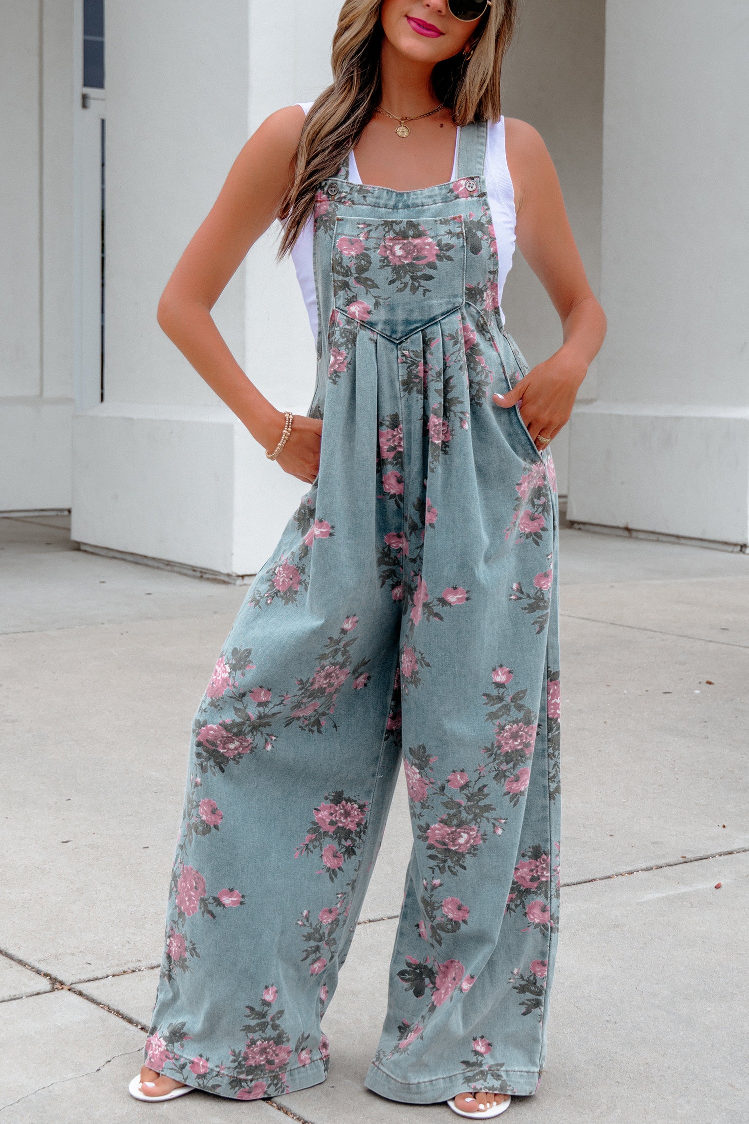 Floral Print Pleated High-Waisted Wide-Leg Denim Jumpsuit — everyday dress for women | J&H Apparel