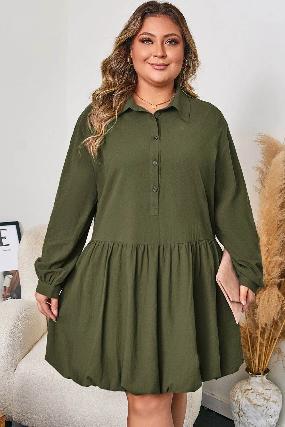 Plus size olive green collar button-front long sleeve mini dress with ruffle hem
