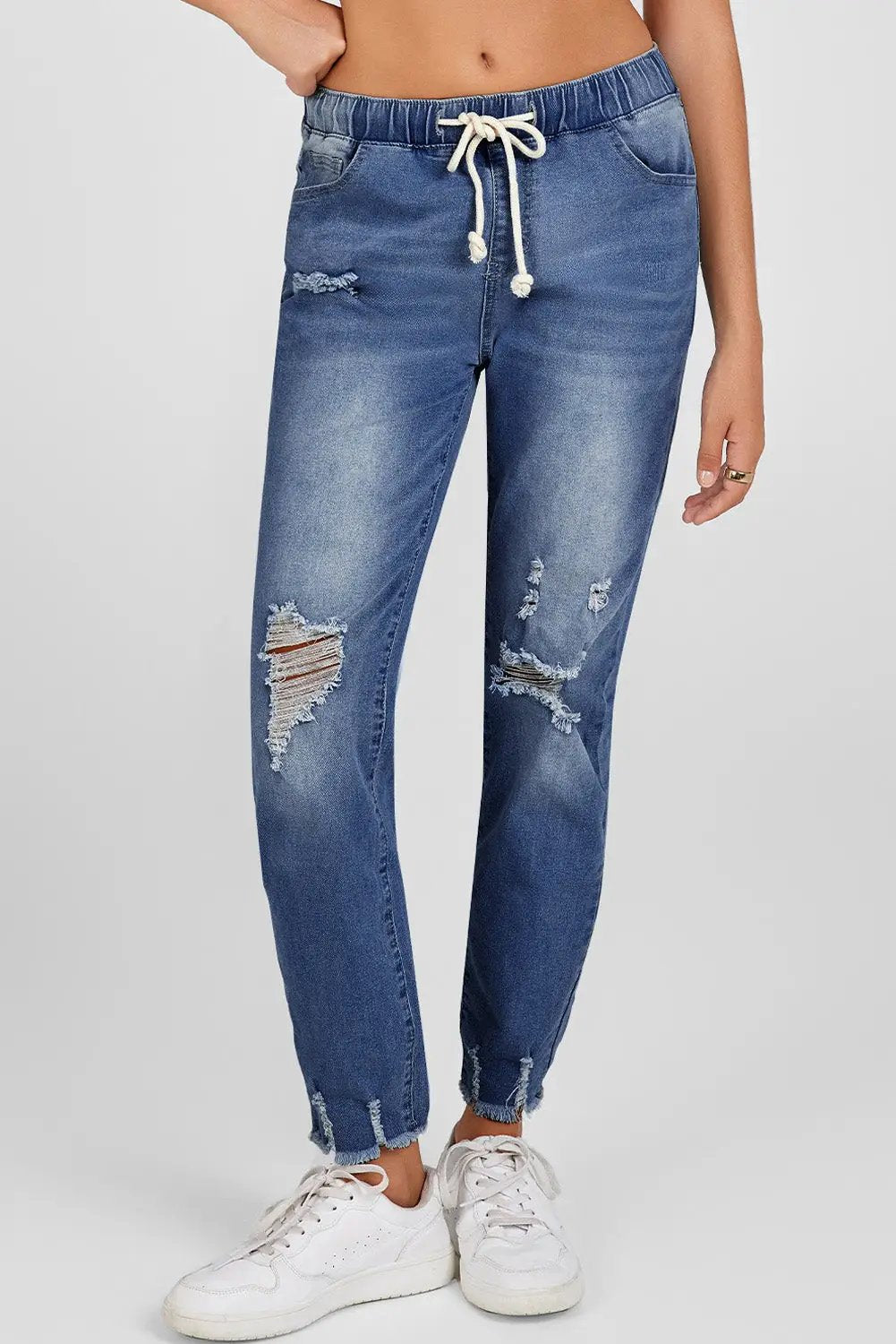 Navy Blue elastic waist straight leg destroyed raw hem jeans for women casual everyday outfit