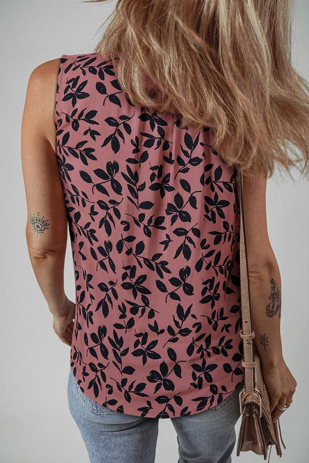 Leaf Print Lace-Up Tank Top