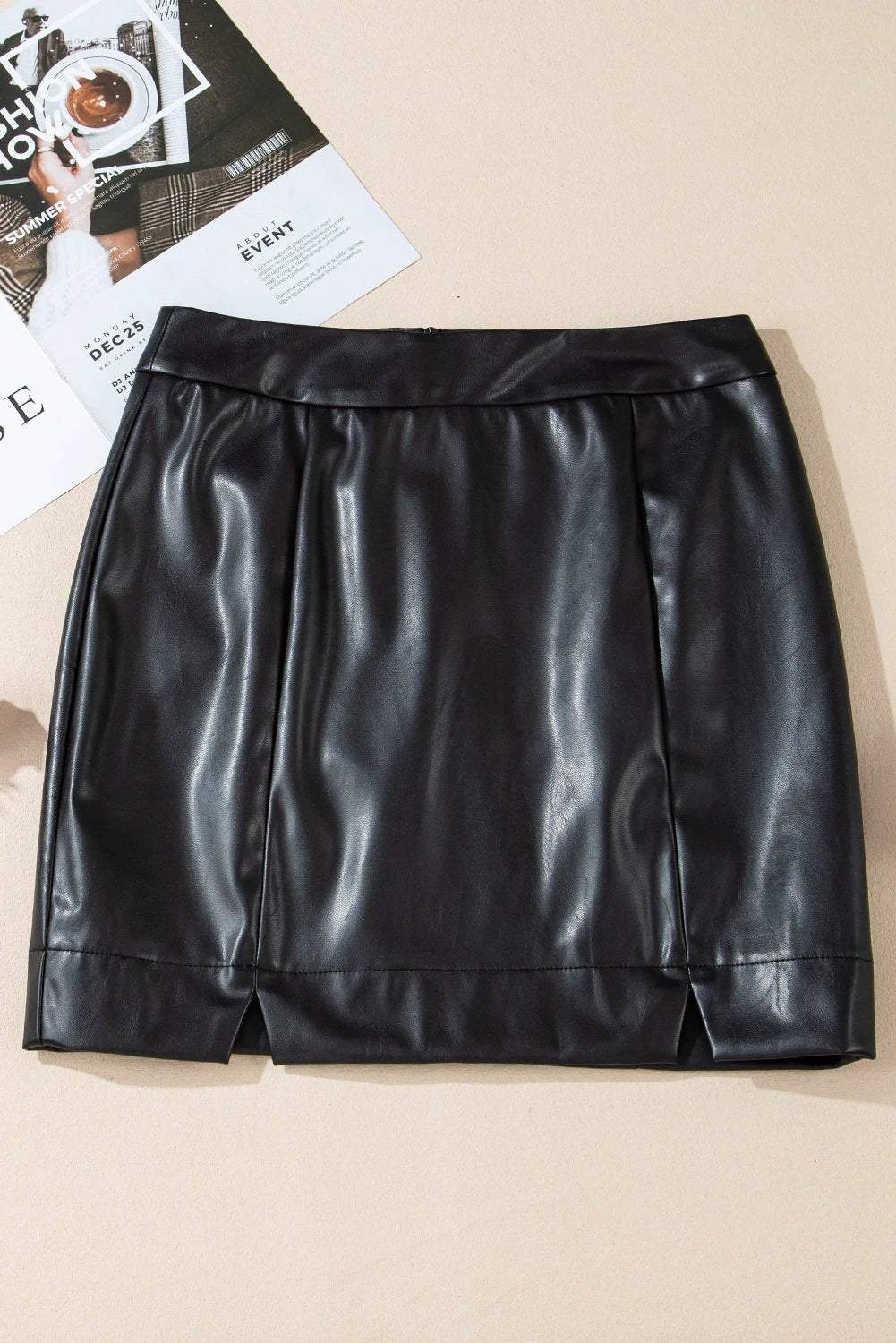 black pu leather side slits slim fit high waist mini skirt for women casual everyday outfit
