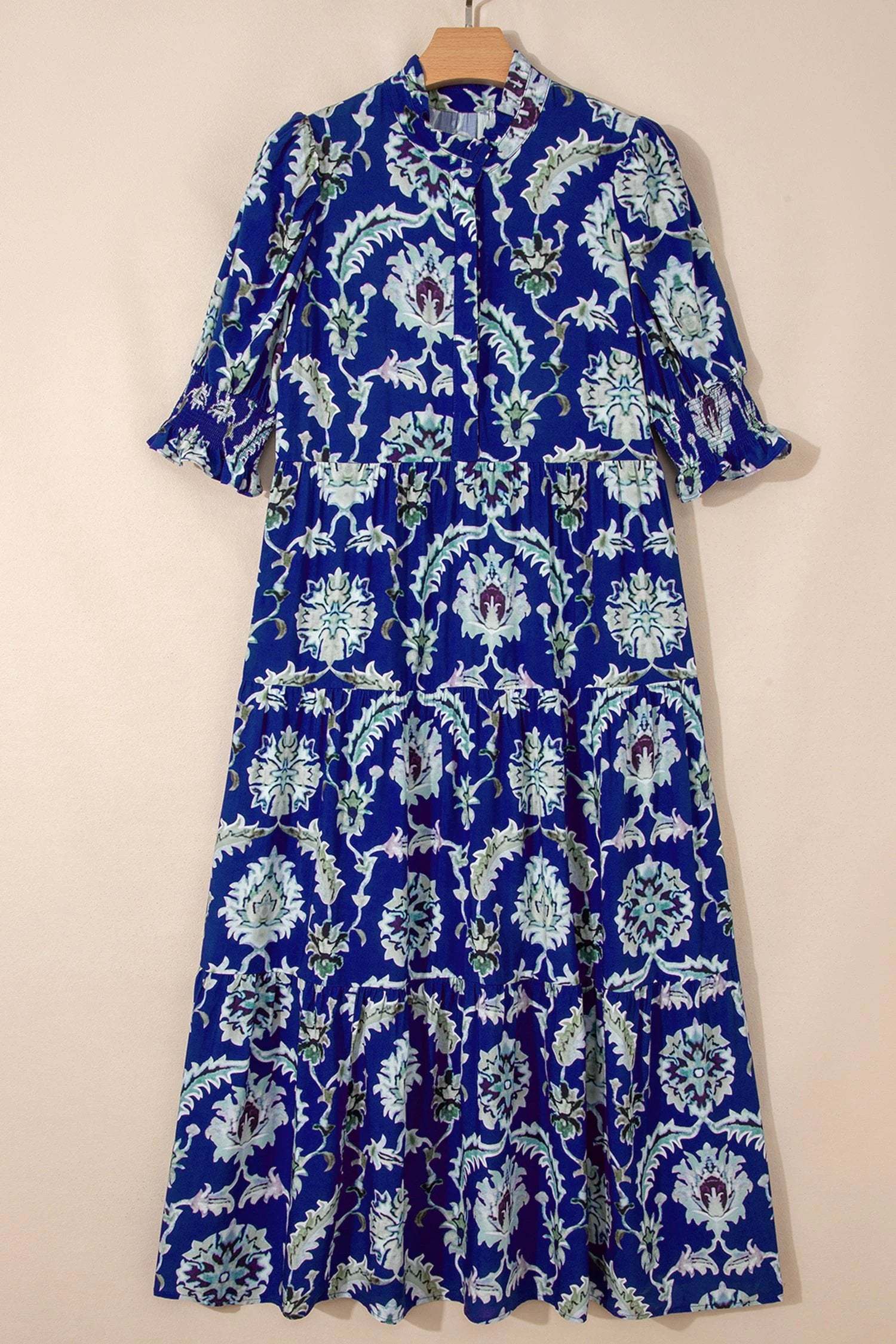 blue wild floral print frilled collar half sleeve long dress for women casual everyday outfit