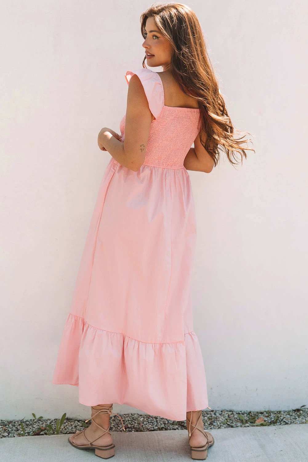 High Waist Maxi Dress with V-neck flutter sleeves smocked bodice and ruffle hem