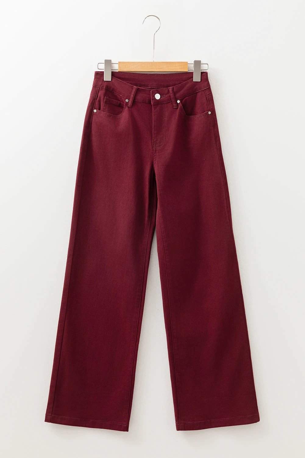 Red loose straight high waist solid color jeans for women casual everyday outfit