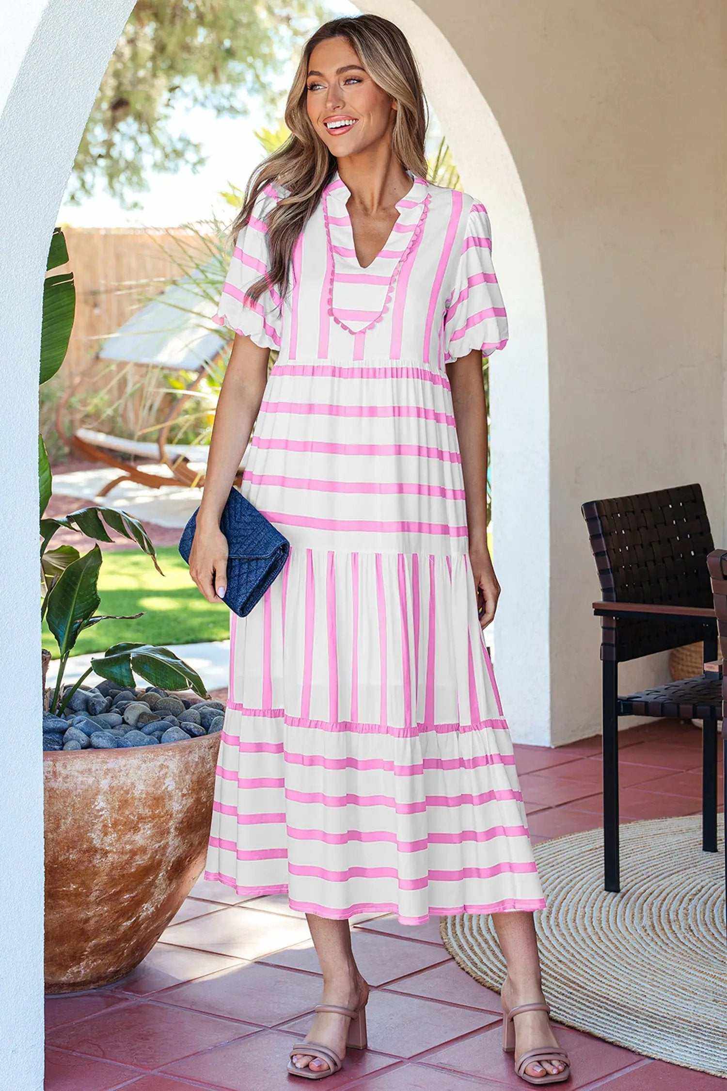 Stripe Ricrac Trim Maxi Dress with notched neck and half sleeves
