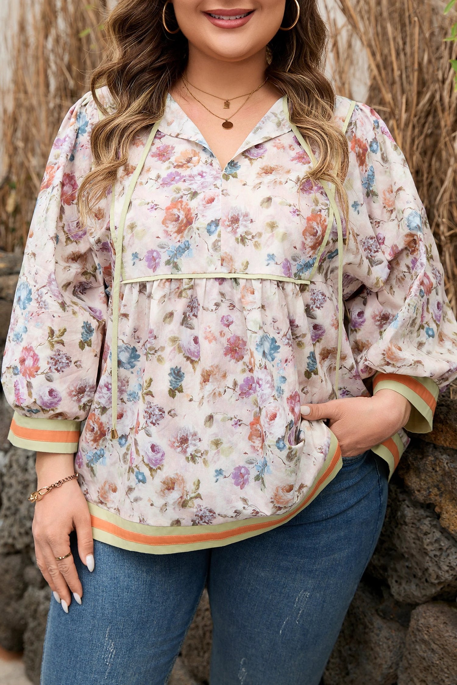 Dear-Lover Dropshipping Black Plus Size Floral Print Contrast Trim Striped Detail Babydoll Blouse - Plus Size/Plus Size Tops/Plus Size Blouses & Shirts
