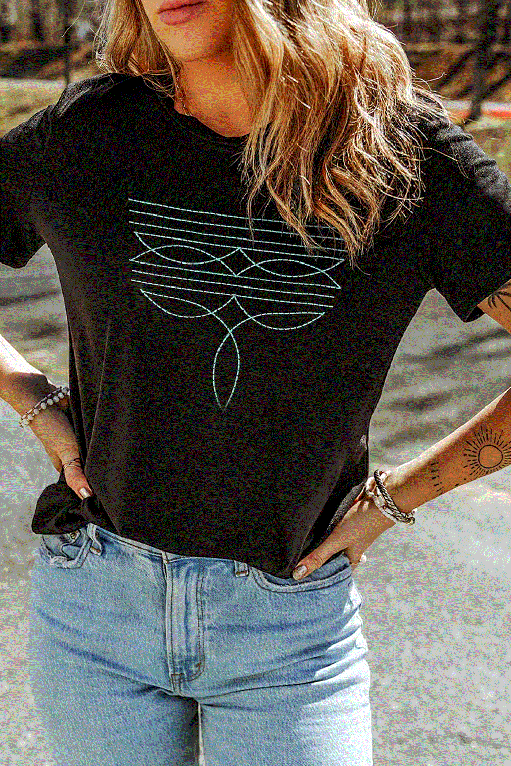 black western fashion geometric embroidered t shirt for women casual everyday outfit