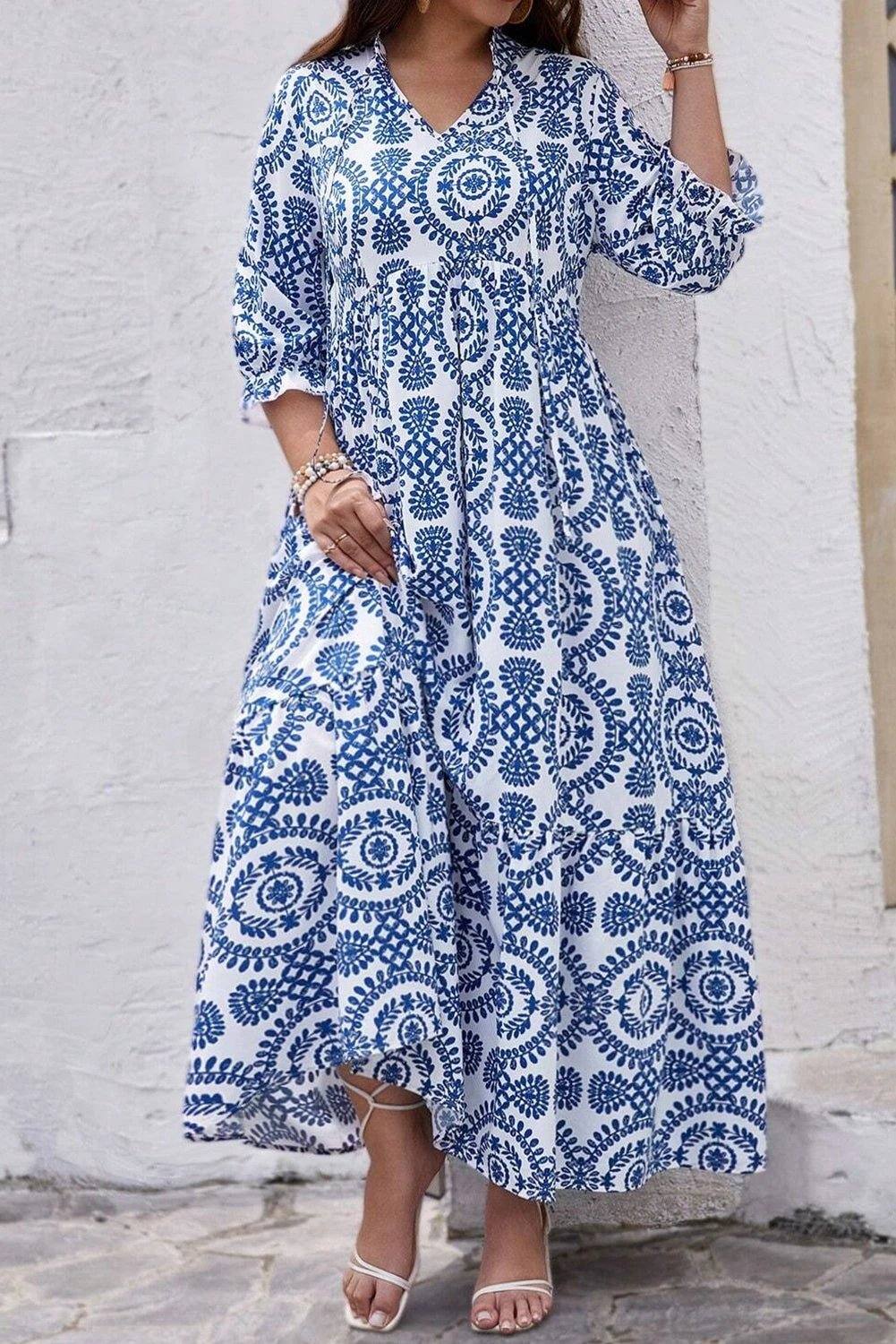 Plus size blue and white geometric print maxi dress with lace-up notch neck and relaxed fit