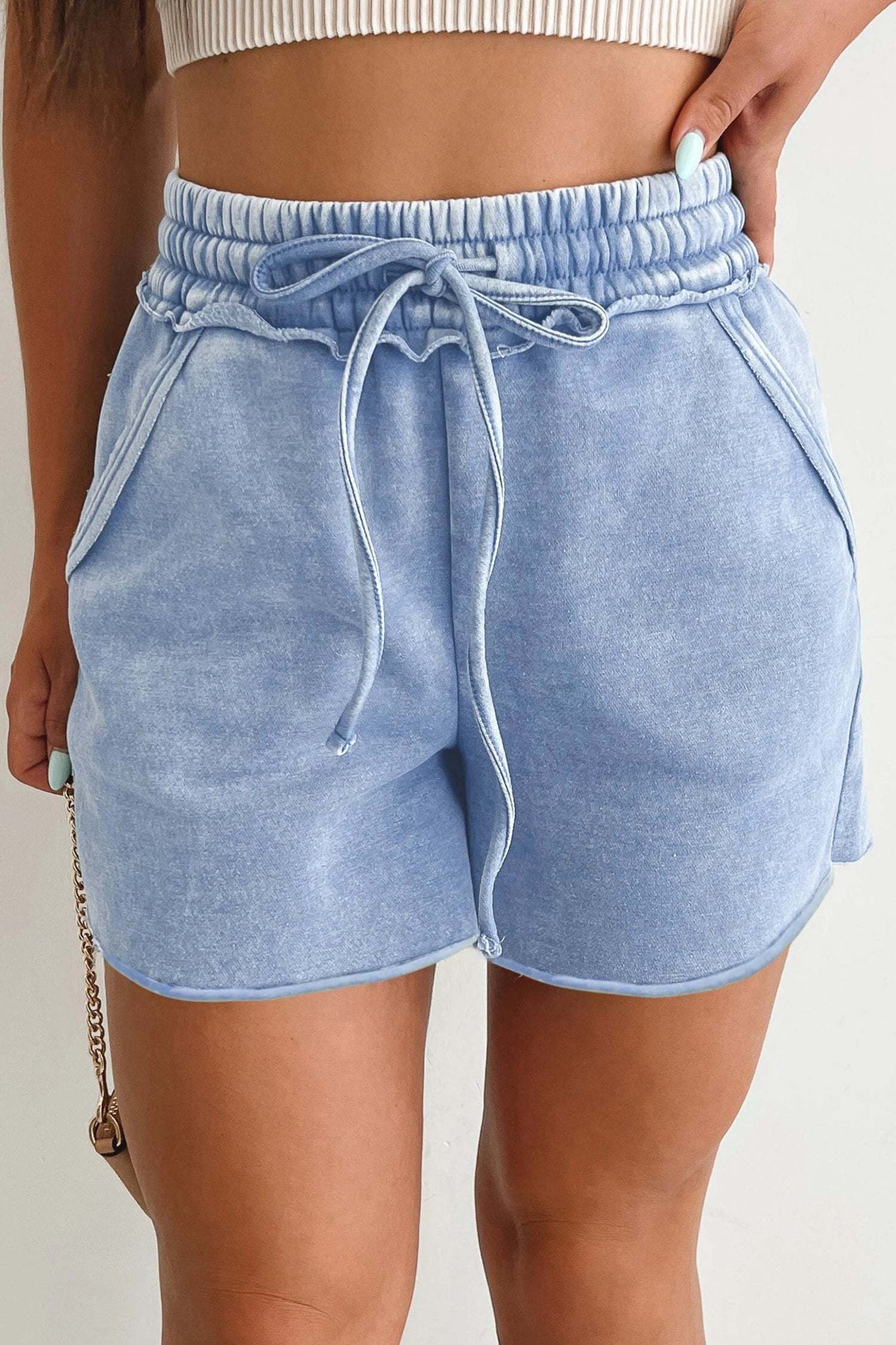 sea green mineral washed drawstring elastic waist raw cut shorts for women casual everyday outfit