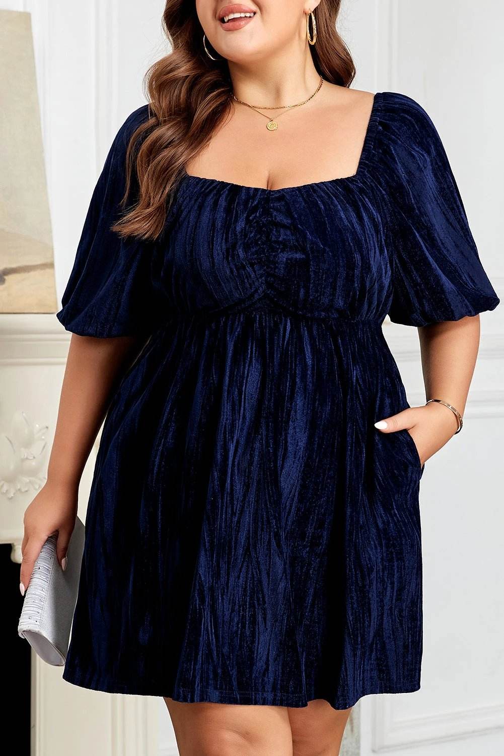 navy blue velvet ruched bust square neck short puff sleeve plus dress for women casual everyday outfit